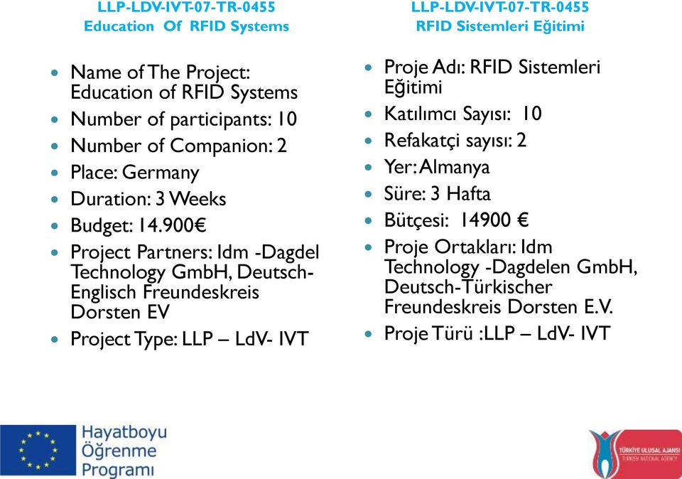 900 Project Partners: Idm -Dagdel Technology GmbH, Deutsch- Englisch Freundeskreis Dorsten EV Project Type: LLP LdV- IVT LLP-LDV-IVT-07-TR-0455 RFID