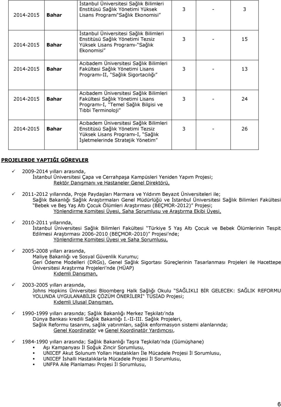 2014-2015 Bahar Acıbadem Üniversitesi Sağlık Bilimleri Enstitüsü Sağlık Yönetimi Tezsiz Yüksek Lisans Programı-I, Sağlık ĠĢletmelerinde Stratejik Yönetim 3-26 PROJELERDE YAPTIĞI GÖREVLER 2009-2014