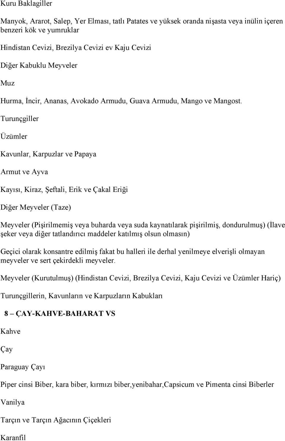 Turunçgiller Üzümler Kavunlar, Karpuzlar ve Papaya Armut ve Ayva Kayısı, Kiraz, Şeftali, Erik ve Çakal Eriği Diğer Meyveler (Taze) Meyveler (Pişirilmemiş veya buharda veya suda kaynatılarak