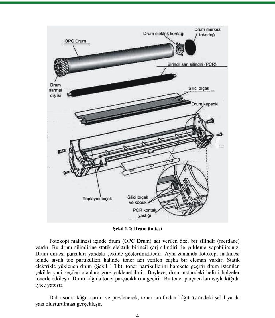 Aynı zamanda fotokopi makinesi içinde siyah toz partikülleri halinde toner adı verilen baģka bir eleman vardır. Statik elektrikle yüklenen drum (ġekil 1.3.