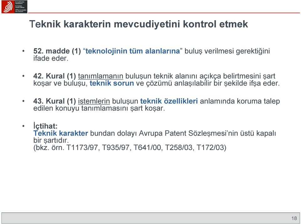 ifşa eder. 43. Kural (1) istemlerin buluşun teknik özellikleri anlamında koruma talep edilen konuyu tanımlamasını şart koşar.