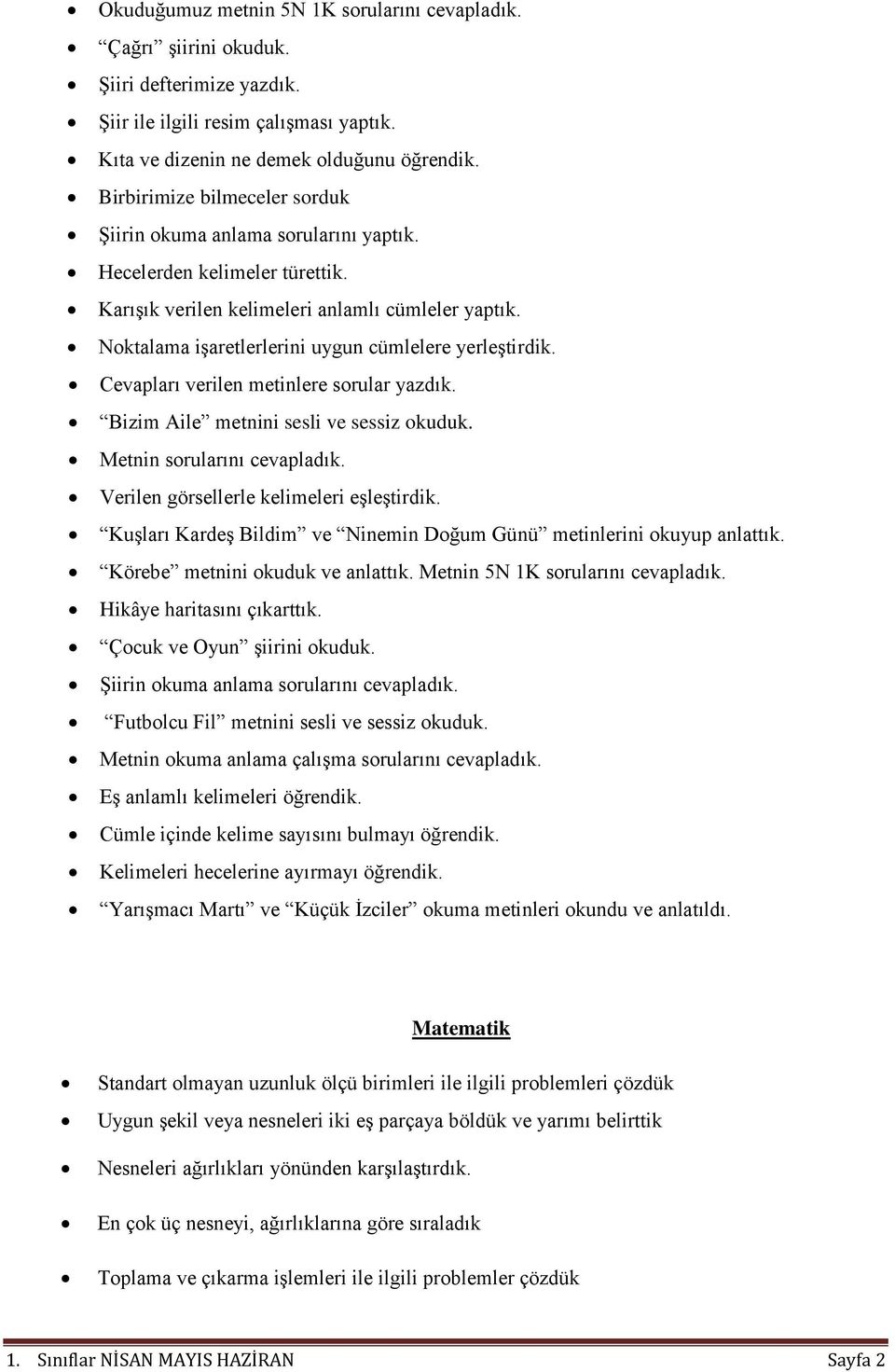 Noktalama işaretlerlerini uygun cümlelere yerleştirdik. Cevapları verilen metinlere sorular yazdık. Bizim Aile metnini sesli ve sessiz okuduk. Metnin sorularını cevapladık.