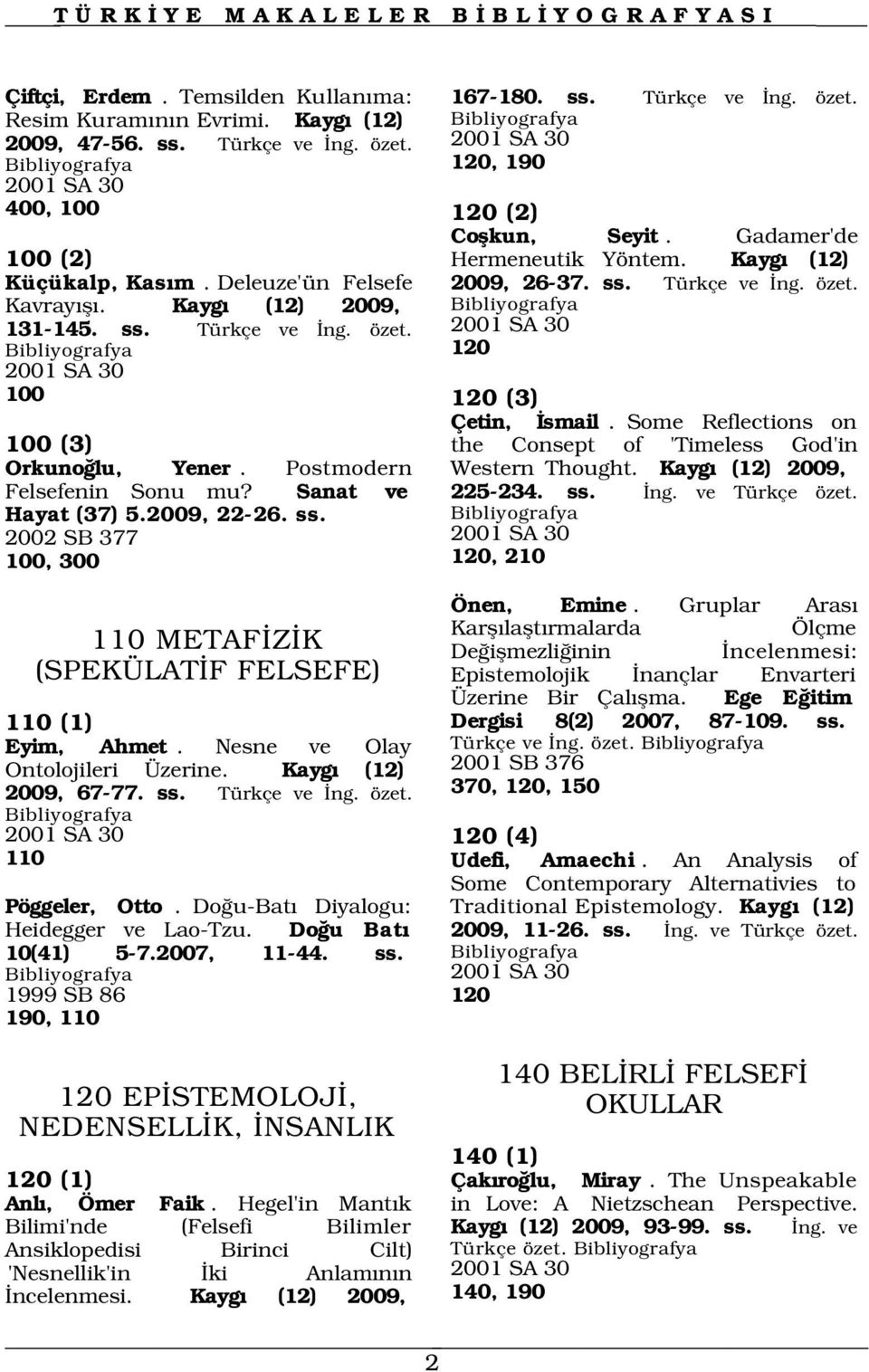 Postmodern Felsefenin Sonu mu? Sanat ve Hayat (37) 5.2009, 22-26. ss. 2002 SB 377 100, 300 110 METAF Z K (SPEKÜLAT F FELSEFE) 110 (1) Eyim, Ahmet. Nesne ve Olay Ontolojileri Üzerine.