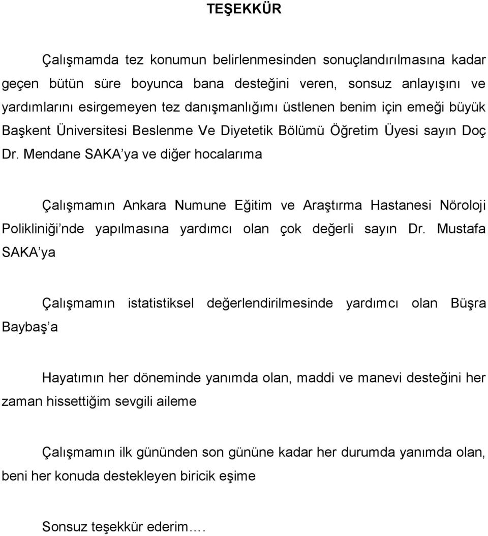 Mendane SAKA ya ve diğer hocalarıma Çalışmamın Ankara Numune Eğitim ve Araştırma Hastanesi Nöroloji Polikliniği nde yapılmasına yardımcı olan çok değerli sayın Dr.