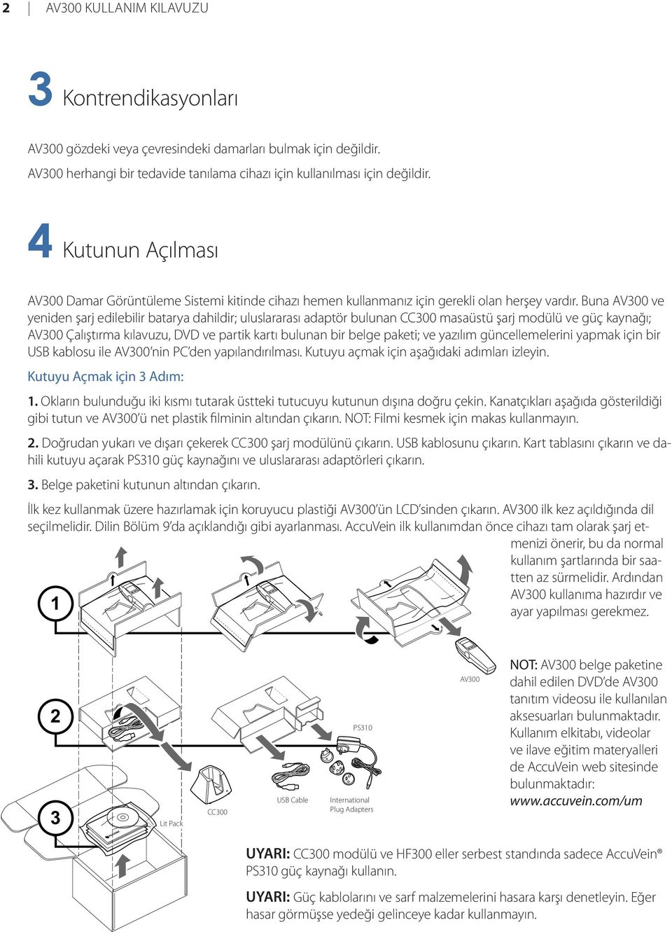 Buna AV300 ve yeniden şarj edilebilir batarya dahildir; uluslararası adaptör bulunan CC300 masaüstü şarj modülü ve güç kaynağı; AV300 Çalıştırma kılavuzu, DVD ve partik kartı bulunan bir belge