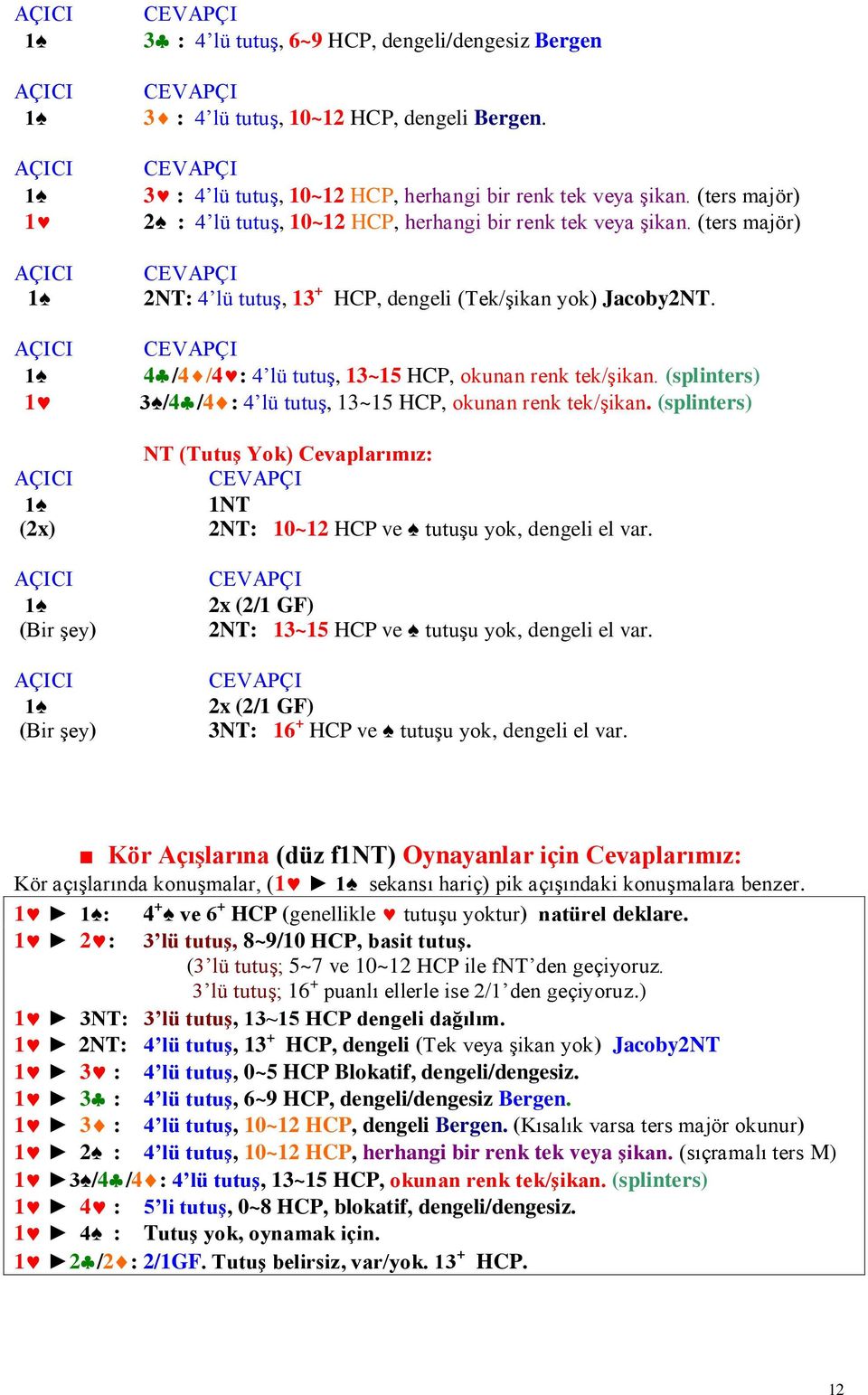 (ters majör) CEVAPÇI 2NT: 4 lü tutuģ, 13 + HCP, dengeli (Tek/Ģikan yok) Jacoby2NT. CEVAPÇI 4/4/4: 4 lü tutuģ, 13~15 HCP, okunan renk tek/ģikan.