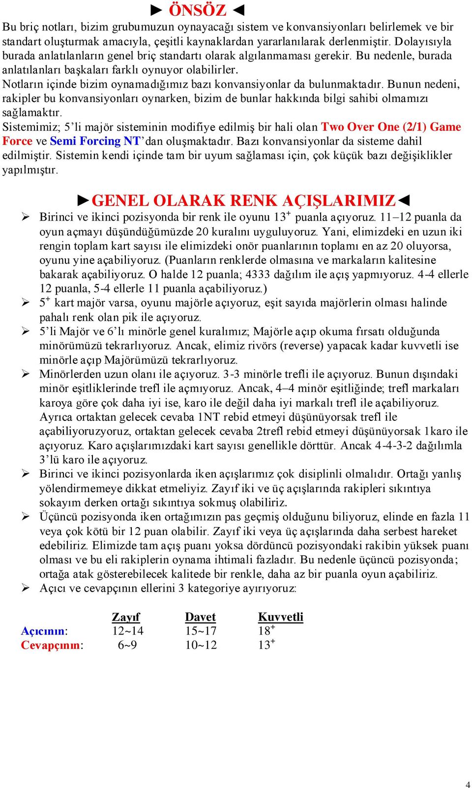 Notların içinde bizim oynamadığımız bazı konvansiyonlar da bulunmaktadır. Bunun nedeni, rakipler bu konvansiyonları oynarken, bizim de bunlar hakkında bilgi sahibi olmamızı sağlamaktır.