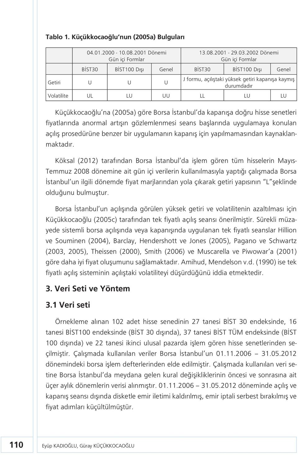 (2005a) göre Borsa İstanbul da kapanışa doğru hisse senetleri fiyatlarında anormal artışın gözlemlenmesi seans başlarında uygulamaya konulan açılış prosedürüne benzer bir uygulamanın kapanış için