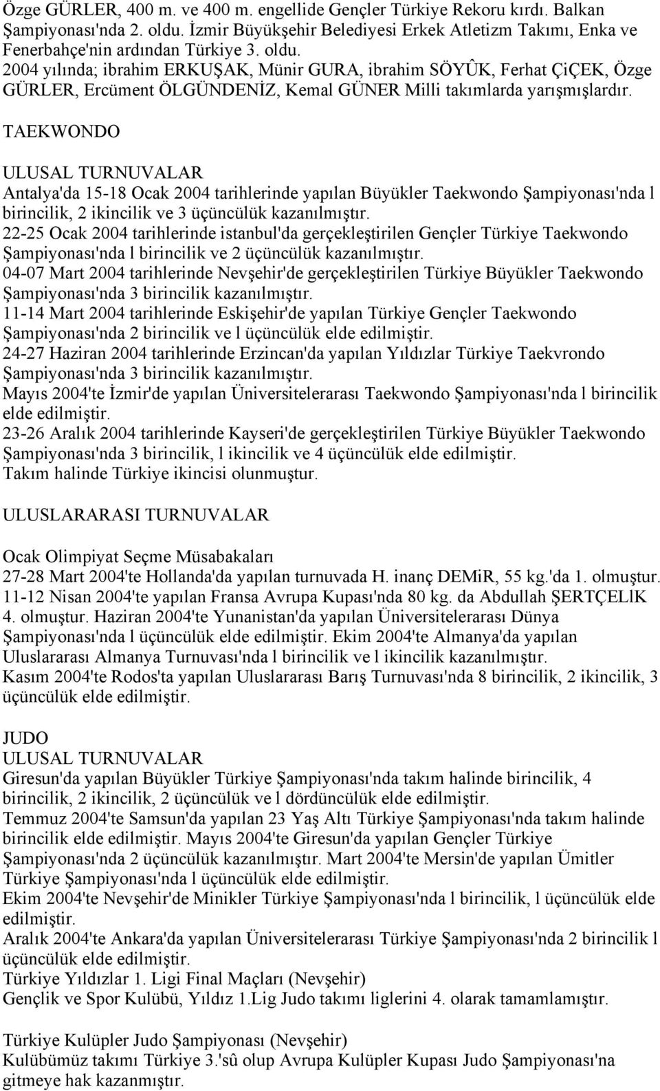 TAEKWONDO ULUSAL TURNUVALAR Antalya'da 15-18 Ocak 2004 tarihlerinde yapılan Büyükler Taekwondo Şampiyonası'nda l birincilik, 2 ikincilik ve 3 üçüncülük kazanılmıştır.