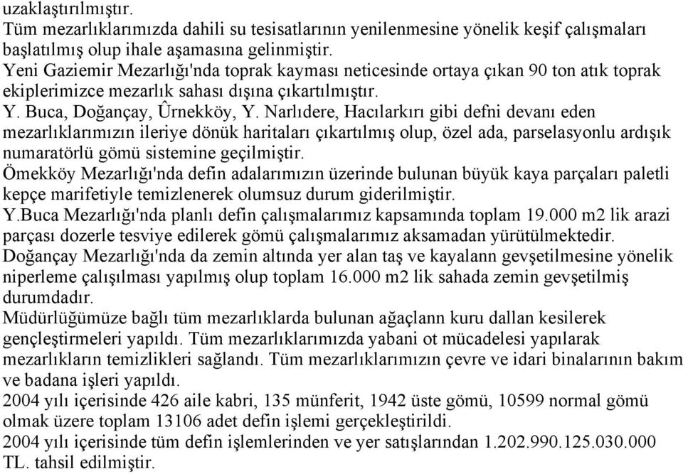 Narlıdere, Hacılarkırı gibi defni devanı eden mezarlıklarımızın ileriye dönük haritaları çıkartılmış olup, özel ada, parselasyonlu ardışık numaratörlü gömü sistemine geçilmiştir.