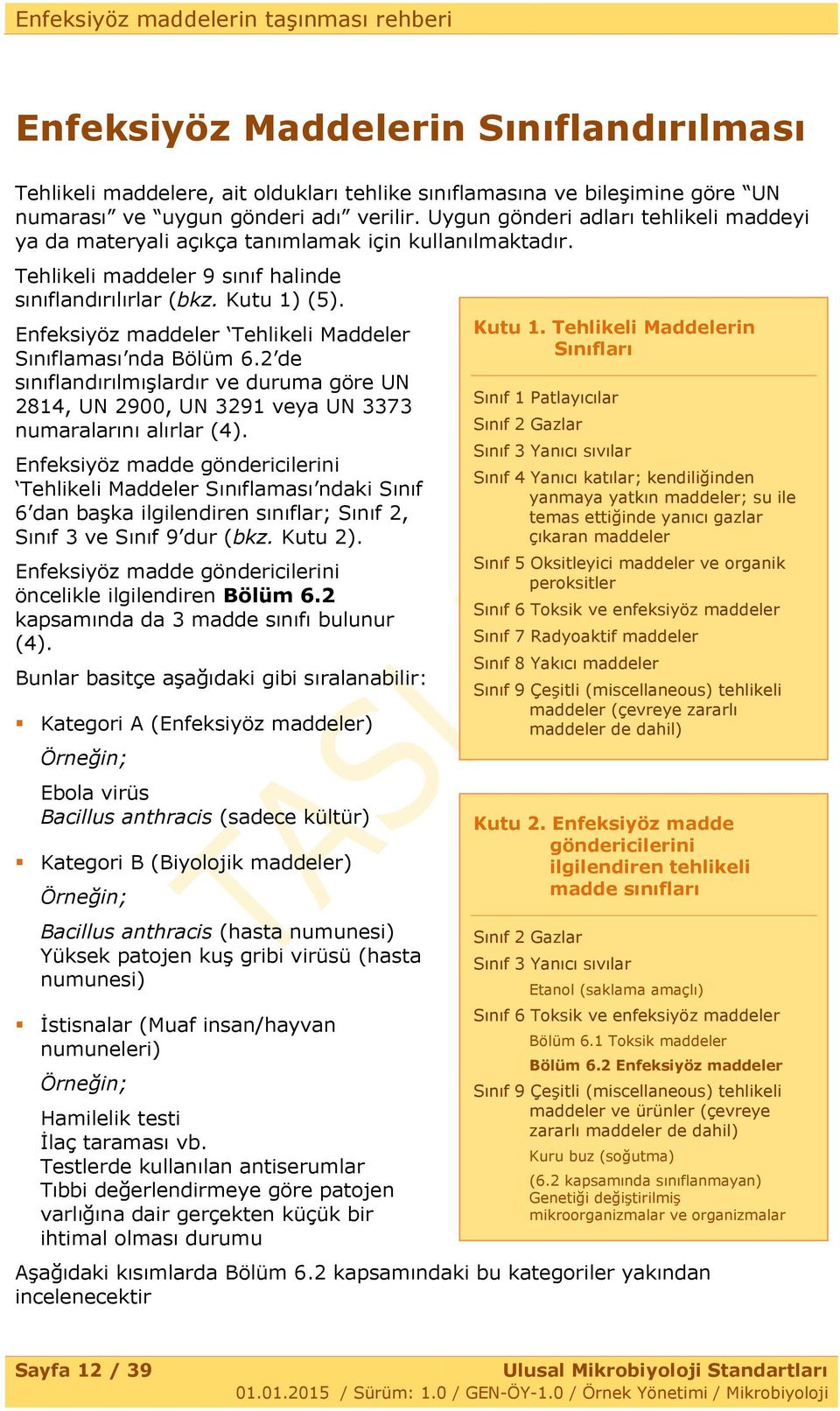 Enfeksiyöz maddeler Tehlikeli Maddeler Sınıflaması nda Bölüm 6.2 de sınıflandırılmıģlardır ve duruma göre UN 2814, UN 2900, UN 3291 veya UN 3373 numaralarını alırlar (4).