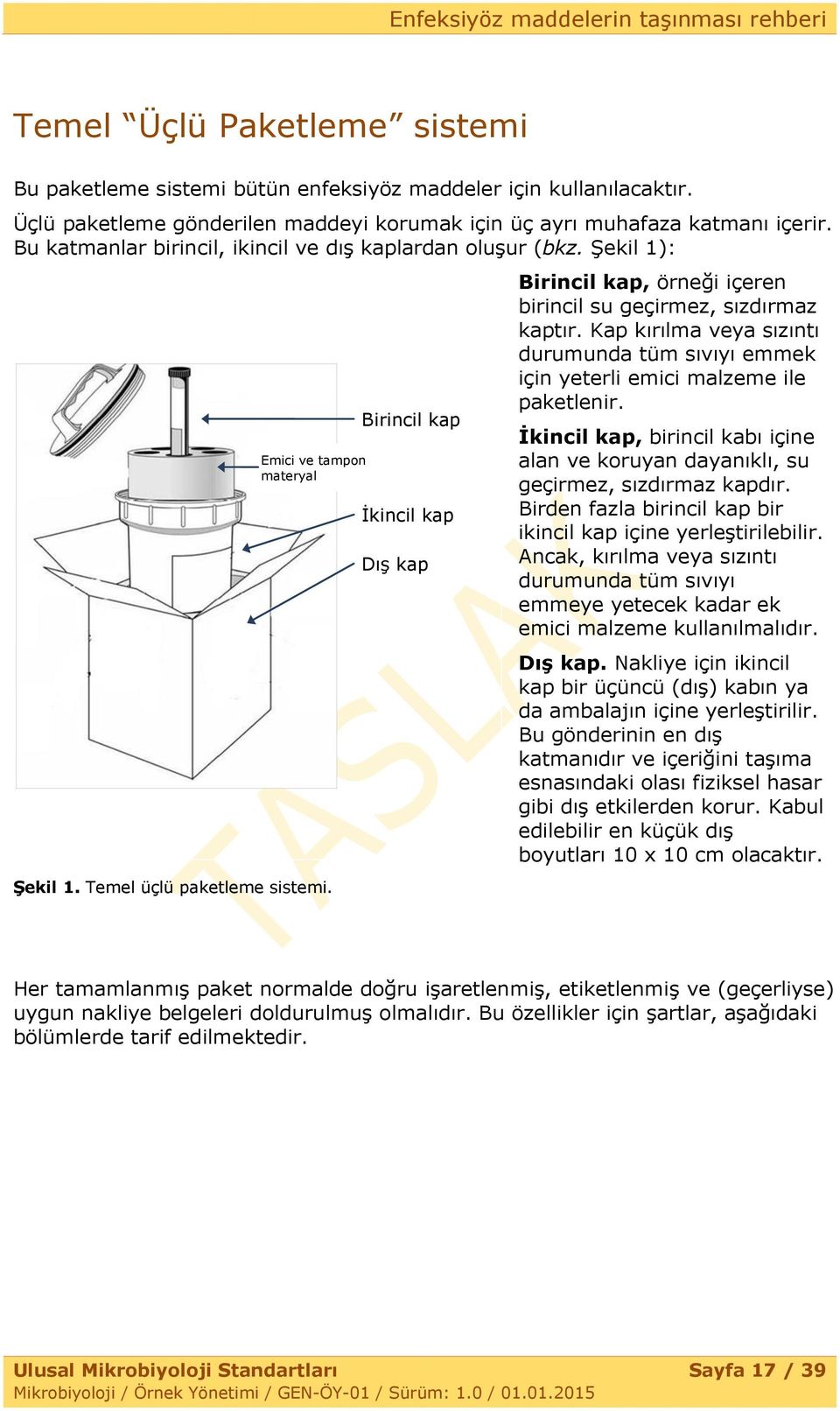 Birincil kap Ġkincil kap DıĢ kap Birincil kap, örneği içeren birincil su geçirmez, sızdırmaz kaptır. Kap kırılma veya sızıntı durumunda tüm sıvıyı emmek için yeterli emici malzeme ile paketlenir.