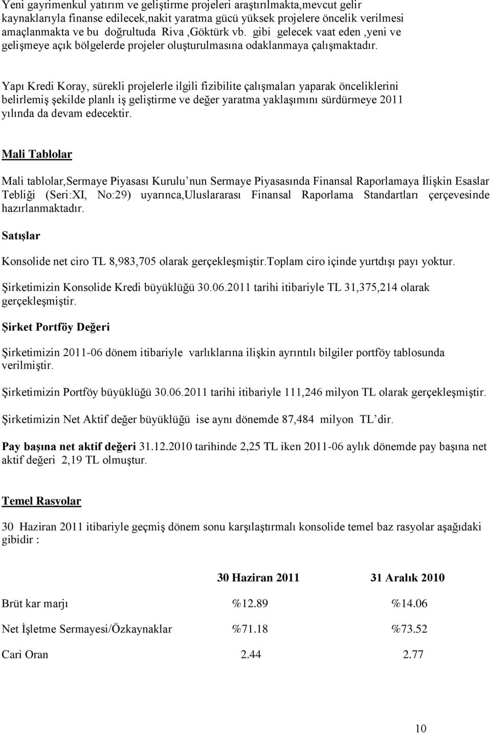 Yapı Kredi Koray, sürekli projelerle ilgili fizibilite çalıģmaları yaparak önceliklerini belirlemiģ Ģekilde planlı iģ geliģtirme ve değer yaratma yaklaģımını sürdürmeye 2011 yılında da devam