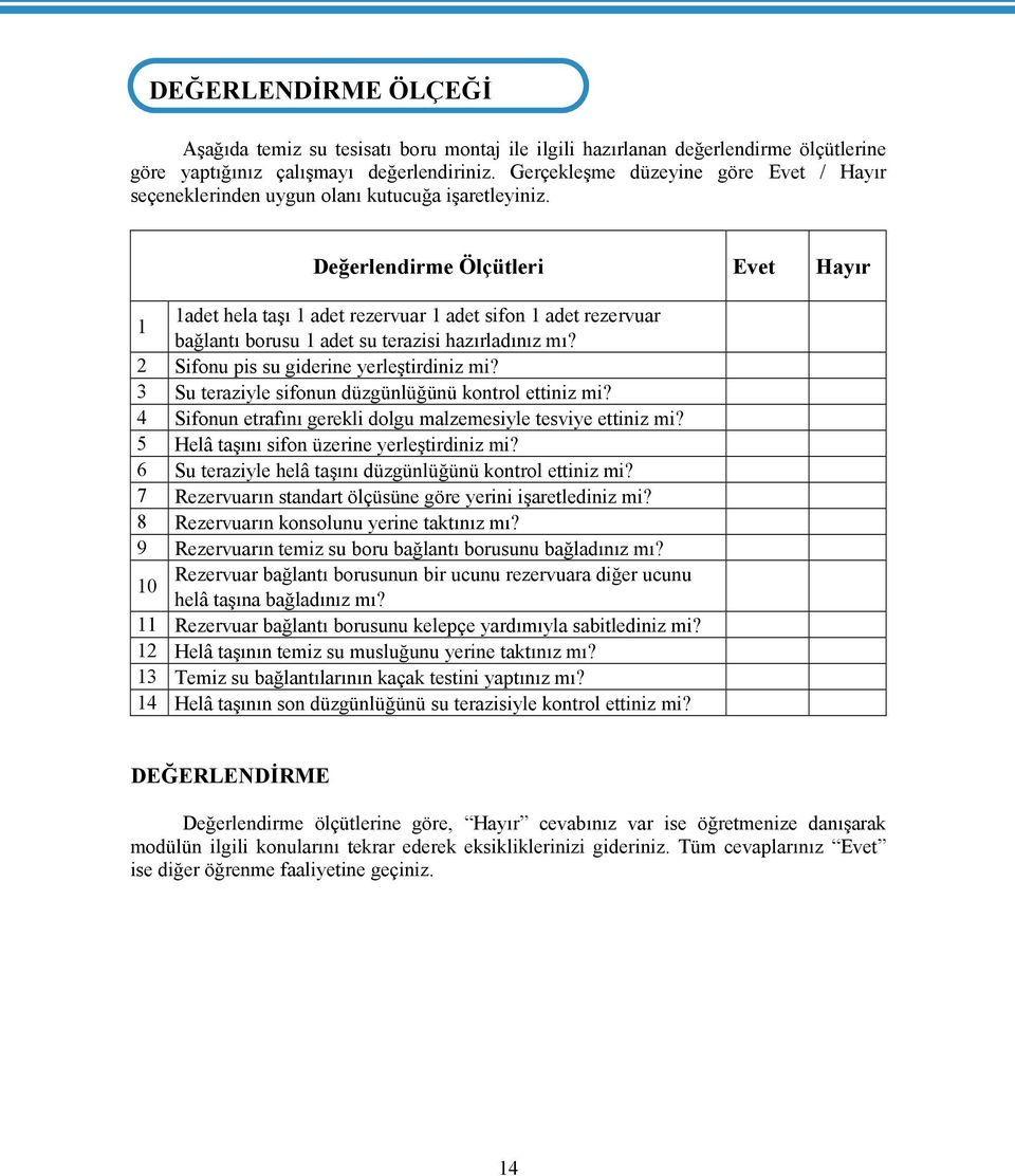 Değerlendirme Ölçütleri Evet Hayır 1adet hela taşı 1 adet rezervuar 1 adet sifon 1 adet rezervuar 1 bağlantı borusu 1 adet su terazisi hazırladınız mı? 2 Sifonu pis su giderine yerleştirdiniz mi?