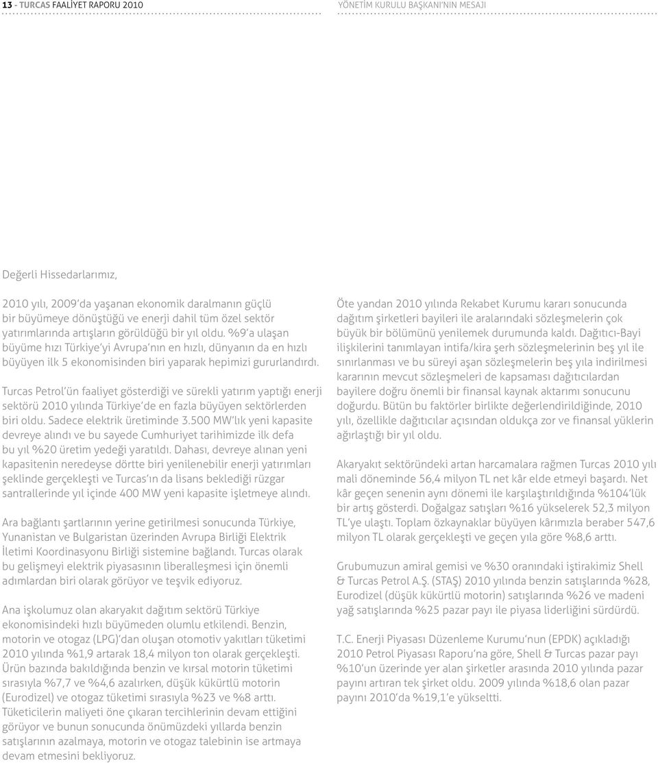 Turcas Petrol ün faaliyet gösterdiği ve sürekli yatırım yaptığı enerji sektörü 2010 yılında Türkiye de en fazla büyüyen sektörlerden biri oldu. Sadece elektrik üretiminde 3.