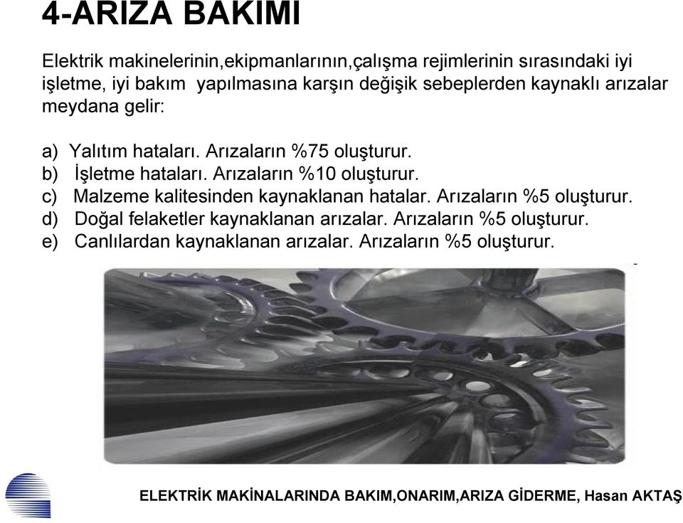 b) İşletme hataları. Arızaların %10 oluşturur. c) Malzeme kalitesinden kaynaklanan hatalar. Arızaların %5 oluşturur.