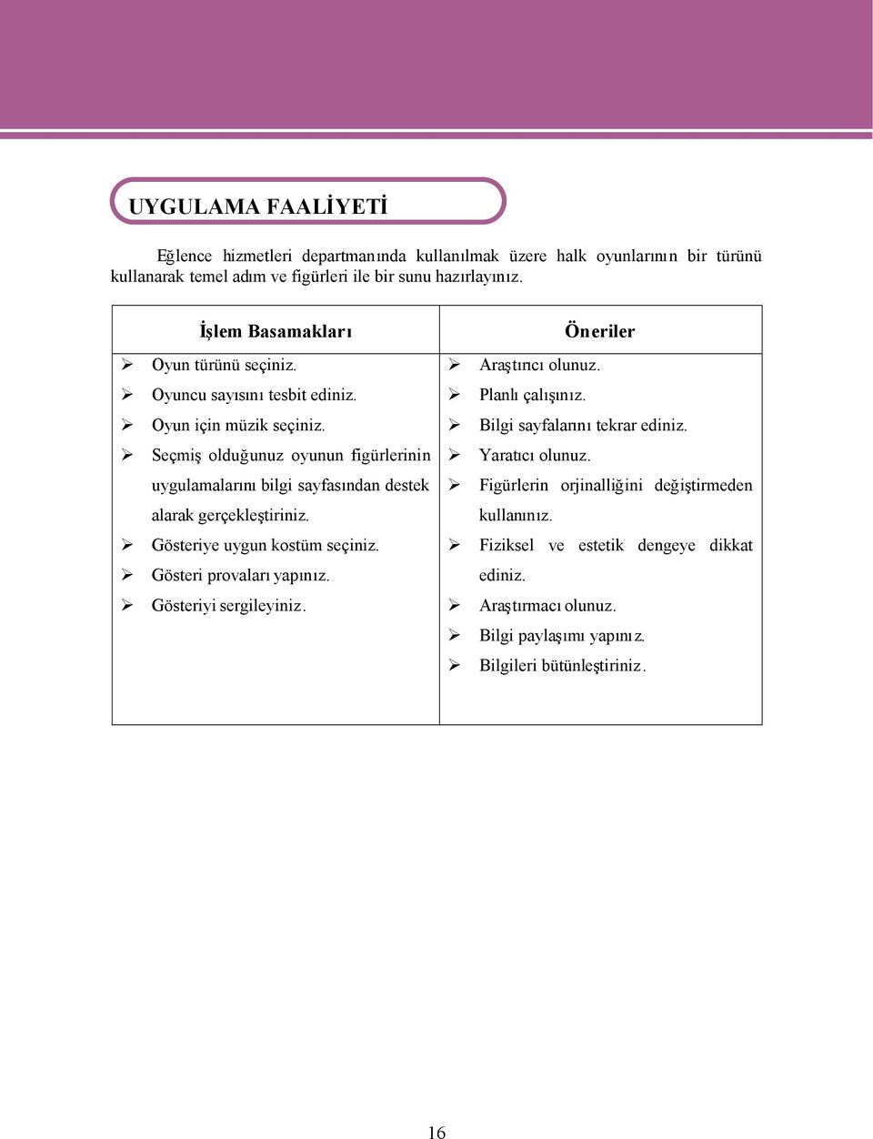 Seçmişolduğunuz oyunun figürlerinin uygulamalarnbilgi sayfasndan destek alarak gerçekleştiriniz. Gösteriye uygun kostüm seçiniz. Gösteri provalaryapnz.