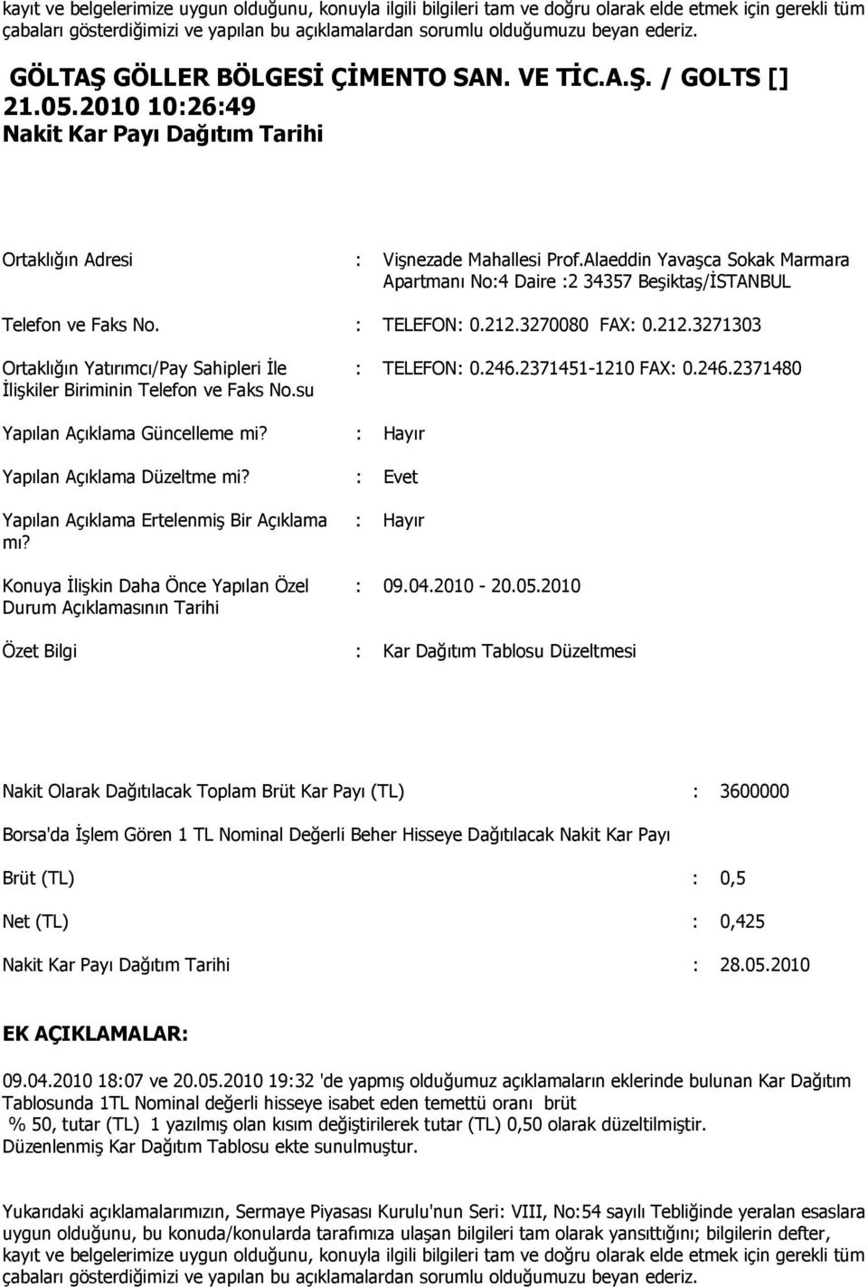 2010 : Kar Dağıtım Tablosu Düzeltmesi Nakit Olarak Dağıtılacak Toplam Brüt Kar Payı (TL) : 3600000 Borsa'da Đşlem Gören 1 TL Nominal Değerli Beher Hisseye Dağıtılacak Nakit Kar Payı Brüt (TL) : 0,5