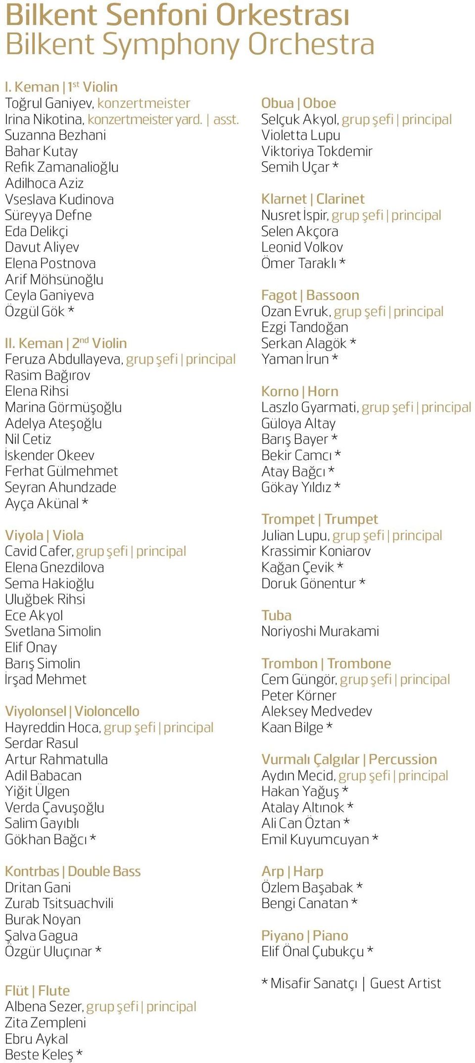 Keman 2 nd Violin Feruza Abdullayeva, grup şefi principal Rasim Bağırov Elena Rihsi Marina Görmüşoğlu Adelya Ateşoğlu Nil Cetiz İskender Okeev Ferhat Gülmehmet Seyran Ahundzade Ayça Akünal * Viyola