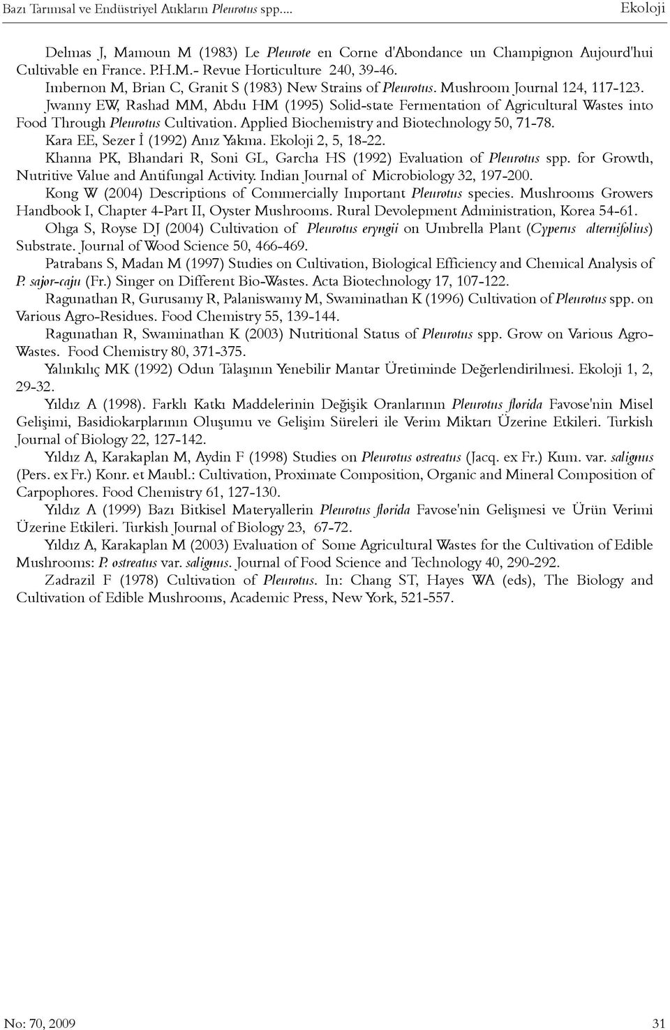 Jwanny EW, Rashad MM, Abdu HM (1995) Solid-state Fermentation of Agricultural Wastes into Food Through Pleurotus Cultivation. Applied Biochemistry and Biotechnology 50, 71-78.