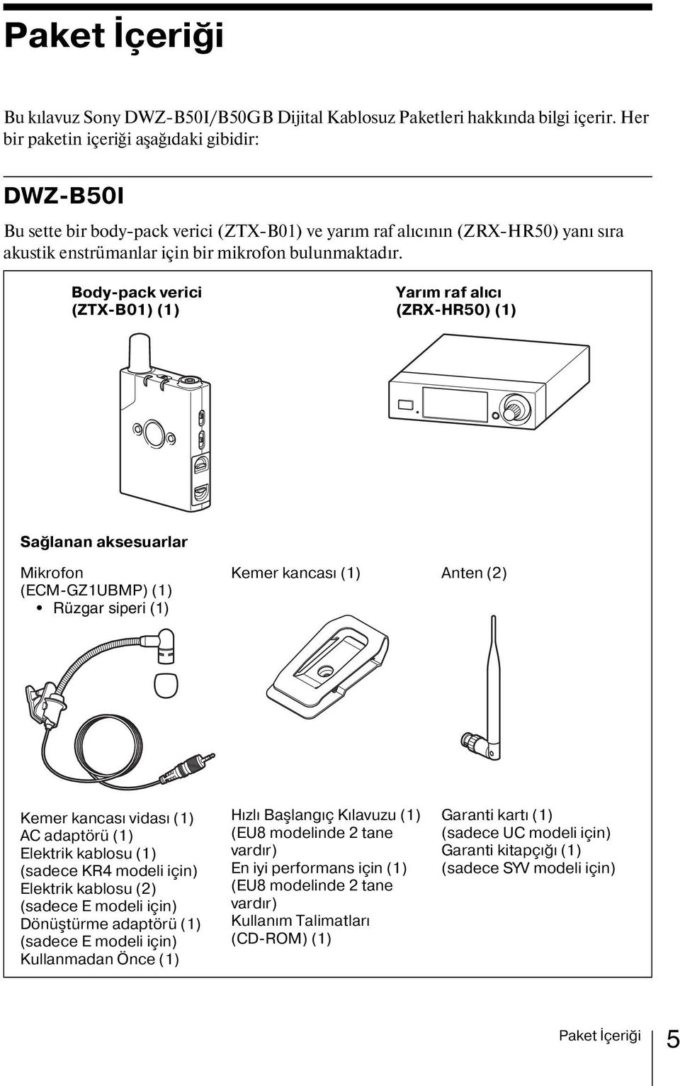 Body-pack verici (ZTX-B01) (1) Yarım raf alıcı (ZRX-HR50) (1) Sağlanan aksesuarlar Mikrofon (ECM-GZ1UBMP) (1) Rüzgar siperi (1) Kemer kancası (1) Anten (2) Kemer kancası vidası (1) AC adaptörü (1)