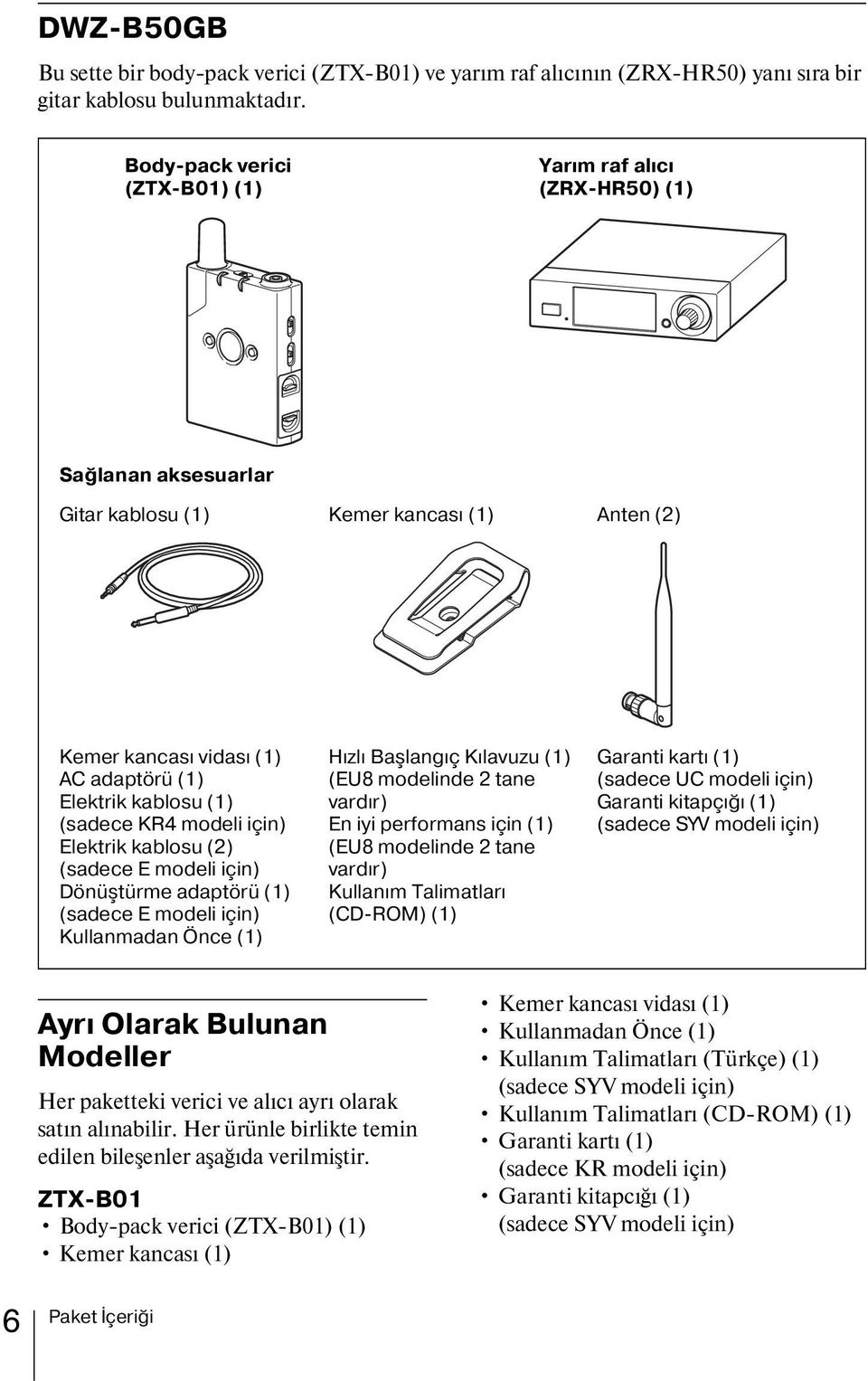 KR4 modeli için) Elektrik kablosu (2) (sadece E modeli için) Dönüştürme adaptörü (1) (sadece E modeli için) Kullanmadan Önce (1) Hızlı Başlangıç Kılavuzu (1) (EU8 modelinde 2 tane vardır) En iyi