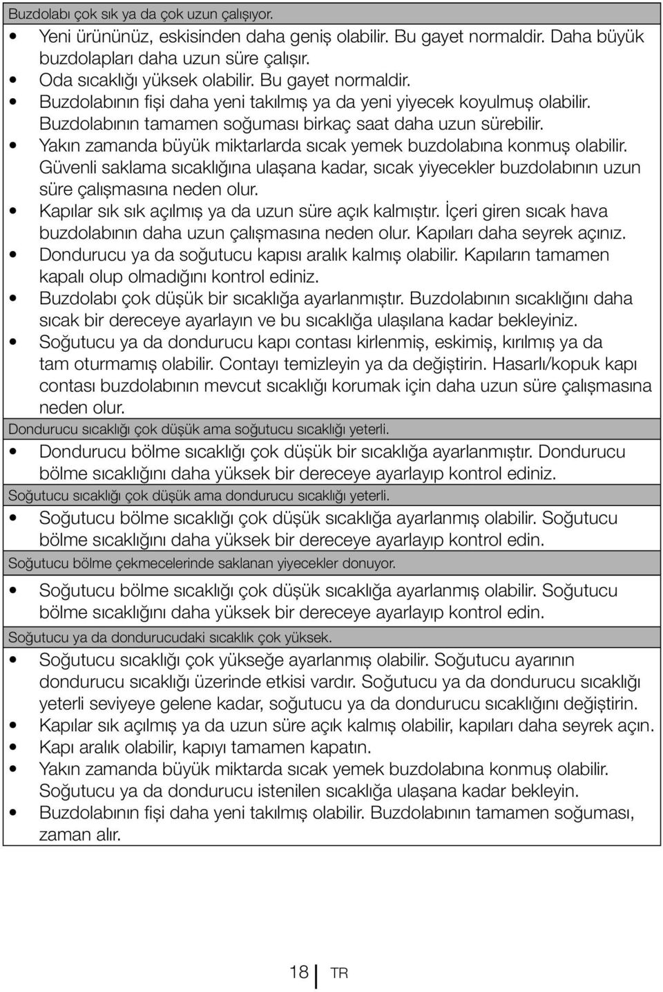 Yakın zamanda büyük miktarlarda sıcak yemek buzdolabına konmuş olabilir. Güvenli saklama sıcaklığına ulaşana kadar, sıcak yiyecekler buzdolabının uzun süre çalışmasına neden olur.