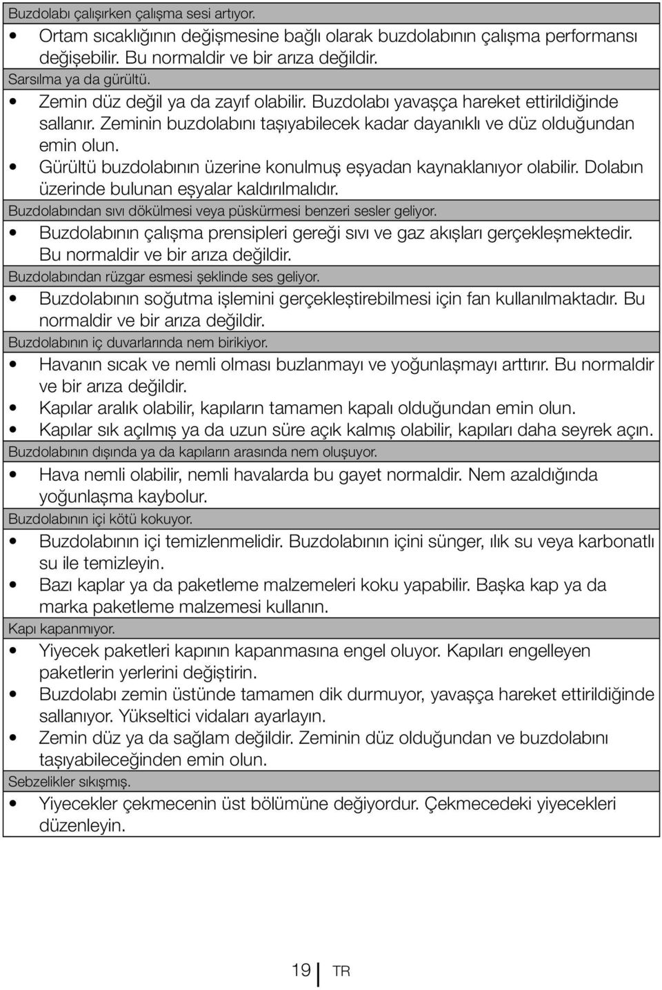 Gürültü buzdolabının üzerine konulmuş eşyadan kaynaklanıyor olabilir. Dolabın üzerinde bulunan eşyalar kaldırılmalıdır. Buzdolabından sıvı dökülmesi veya püskürmesi benzeri sesler geliyor.