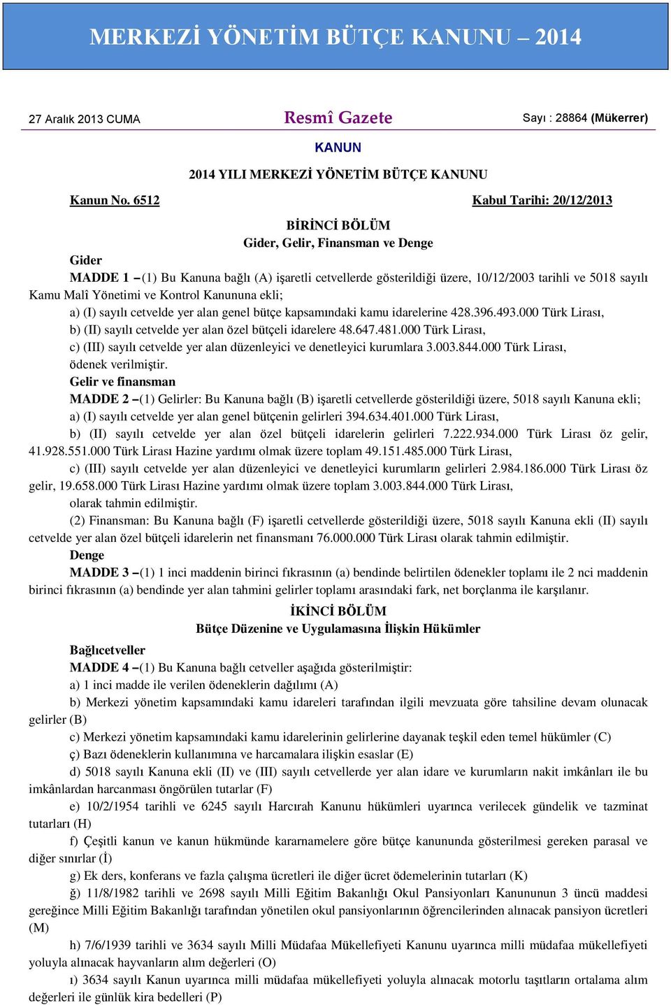 Yönetimi ve Kontrol Kanununa ekli; a) (I) sayılı cetvelde yer alan genel bütçe kapsamındaki kamu idarelerine 428.396.493.000 Türk Lirası, b) (II) sayılı cetvelde yer alan özel bütçeli idarelere 48.