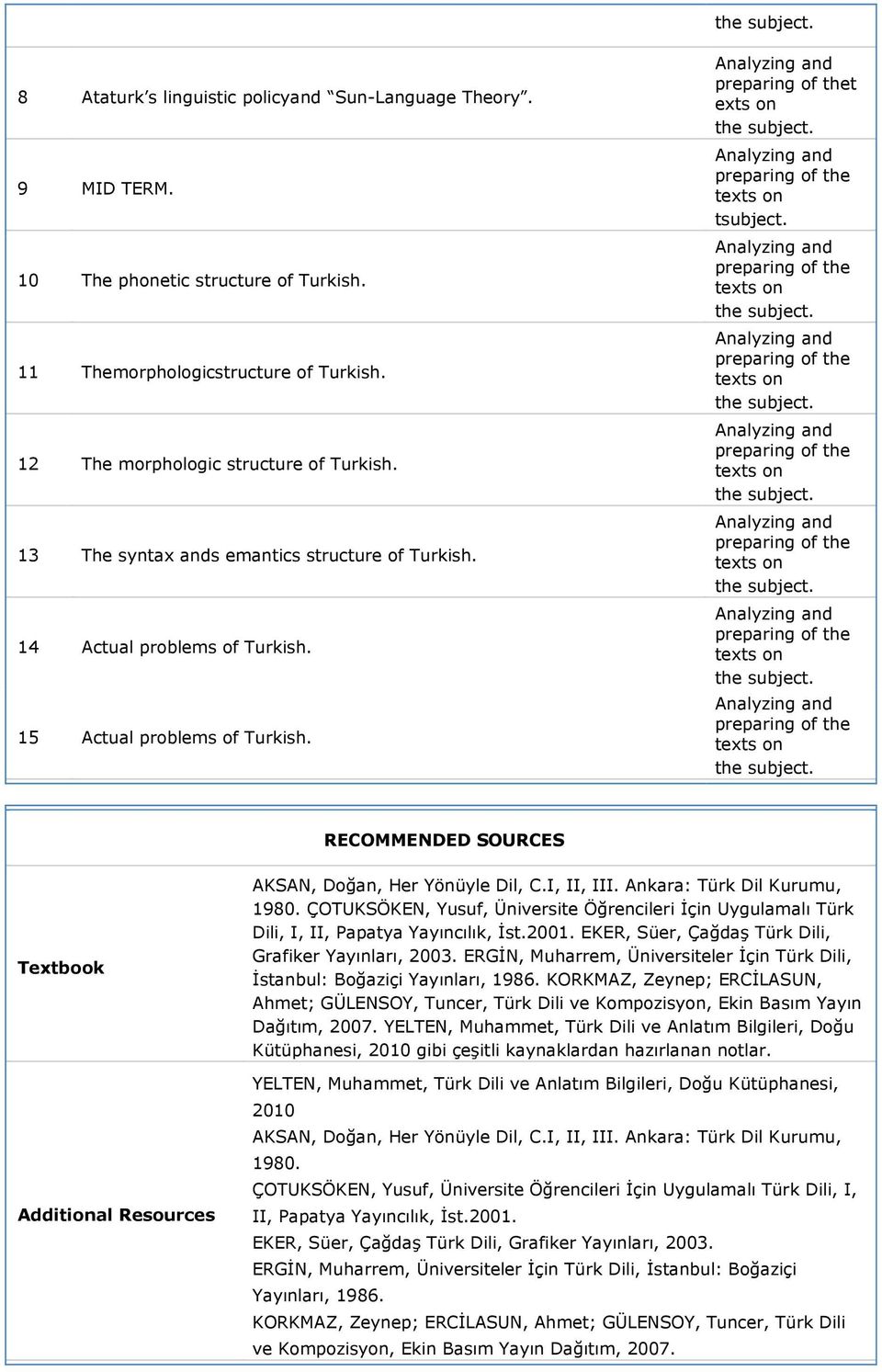 RECOMMENDED SOURCES Textbook Additional Resources AKSAN, Doğan, Her Yönüyle Dil, C.I, II, III. Ankara: Türk Dil Kurumu, 1980.