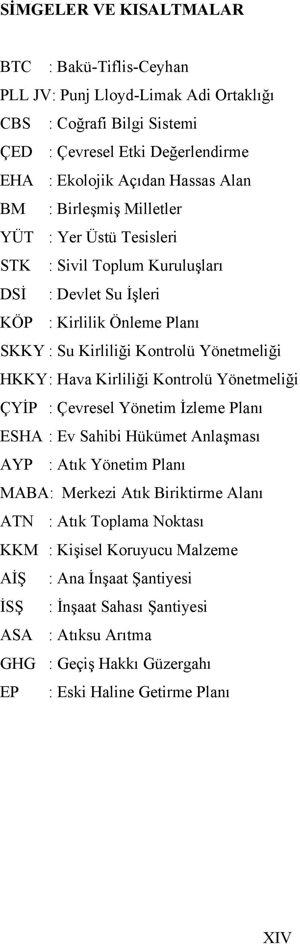 : Hava Kirliliği Kontrolü Yönetmeliği ÇYİP : Çevresel Yönetim İzleme Planı ESHA : Ev Sahibi Hükümet Anlaşması AYP : Atık Yönetim Planı MABA: Merkezi Atık Biriktirme Alanı ATN : Atık