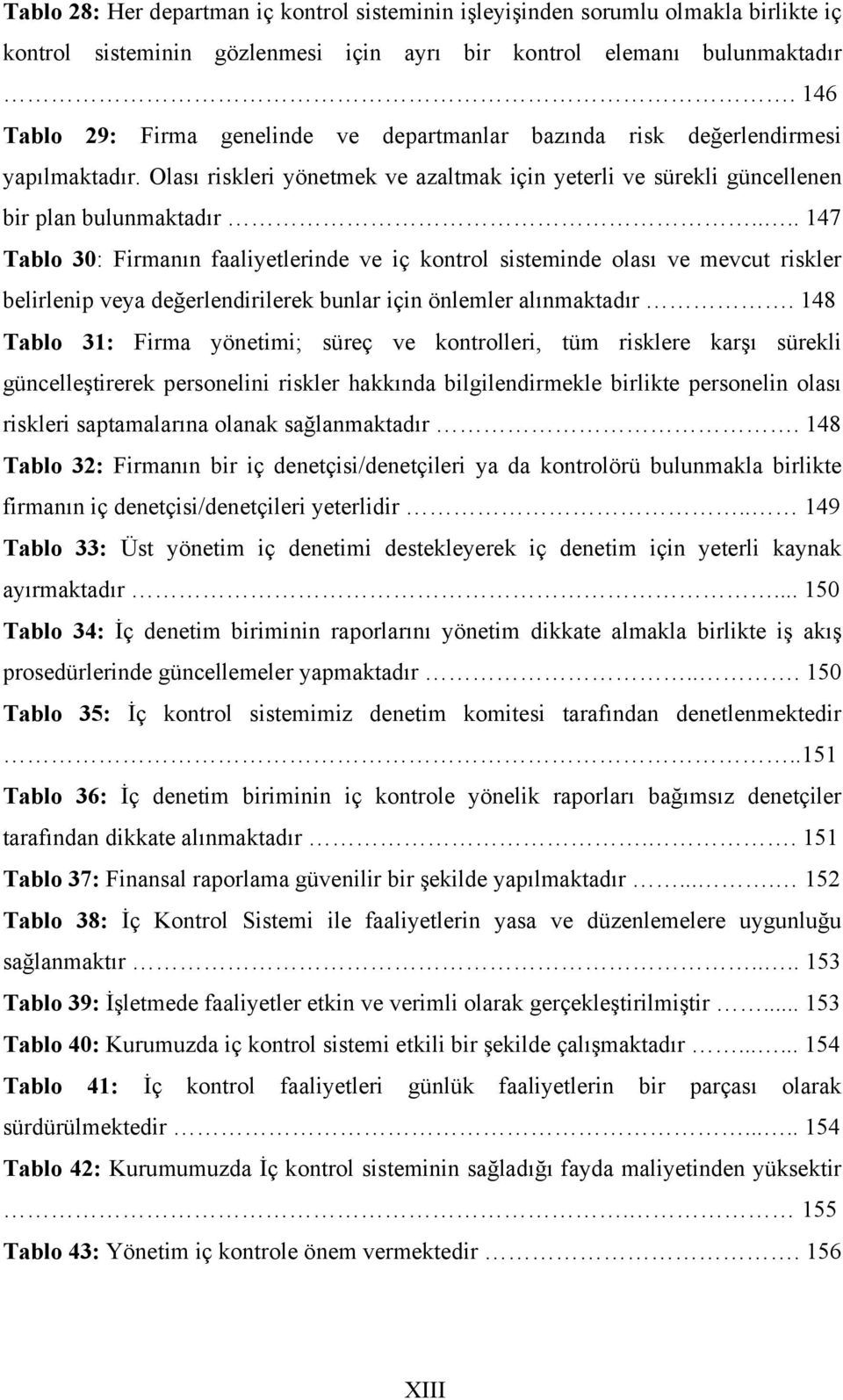 ... 147 Tablo 30: Firmanın faaliyetlerinde ve iç kontrol sisteminde olası ve mevcut riskler belirlenip veya değerlendirilerek bunlar için önlemler alınmaktadır.