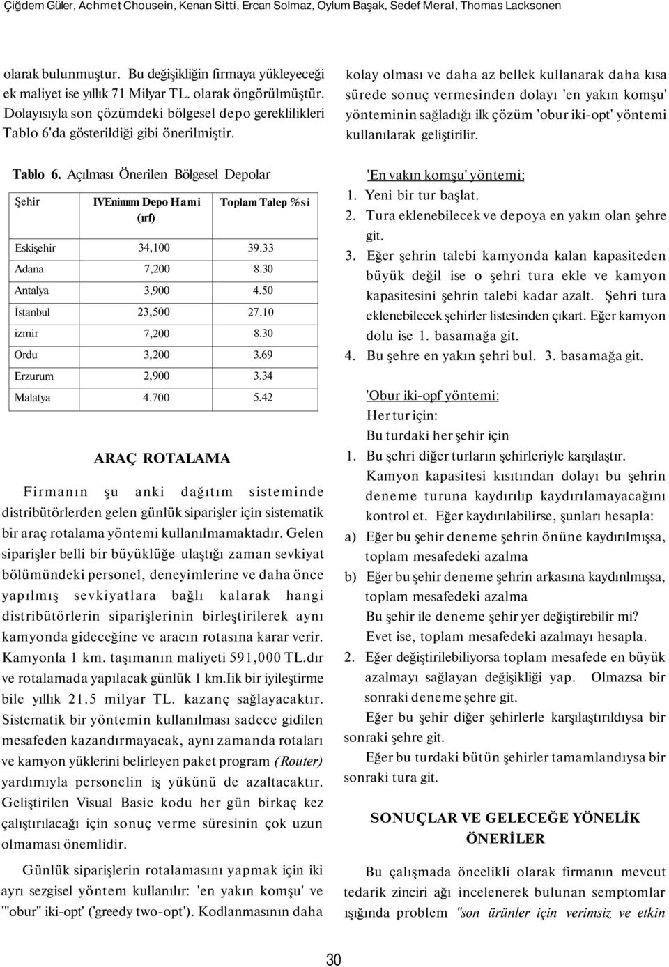 kolay olması ve daha az bellek kullanarak daha kısa sürede sonuç vermesinden dolayı 'en yakın komşu' yönteminin sağladığı ilk çözüm 'obur iki-opt' yöntemi kullanılarak geliştirilir. Tablo 6.