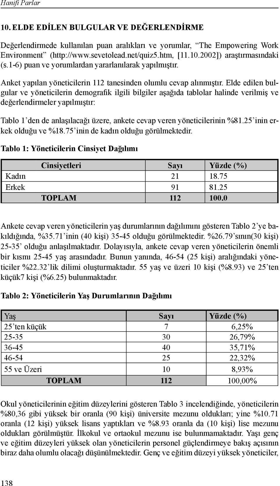 Elde edilen bulgular ve yöneticilerin demografik ilgili bilgiler aşağıda tablolar halinde verilmiş ve değerlendirmeler yapılmıştır: Tablo 1 den de anlaşılacağı üzere, ankete cevap veren