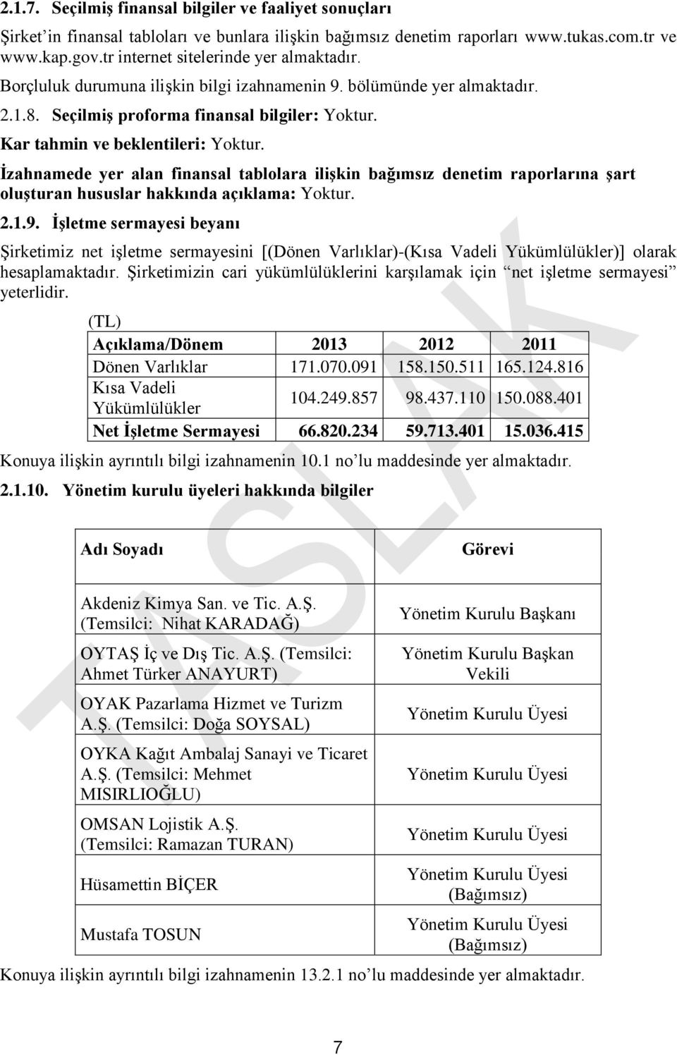 Kar tahmin ve beklentileri: Yoktur. İzahnamede yer alan finansal tablolara ilişkin bağımsız denetim raporlarına şart oluşturan hususlar hakkında açıklama: Yoktur. 2.1.9.