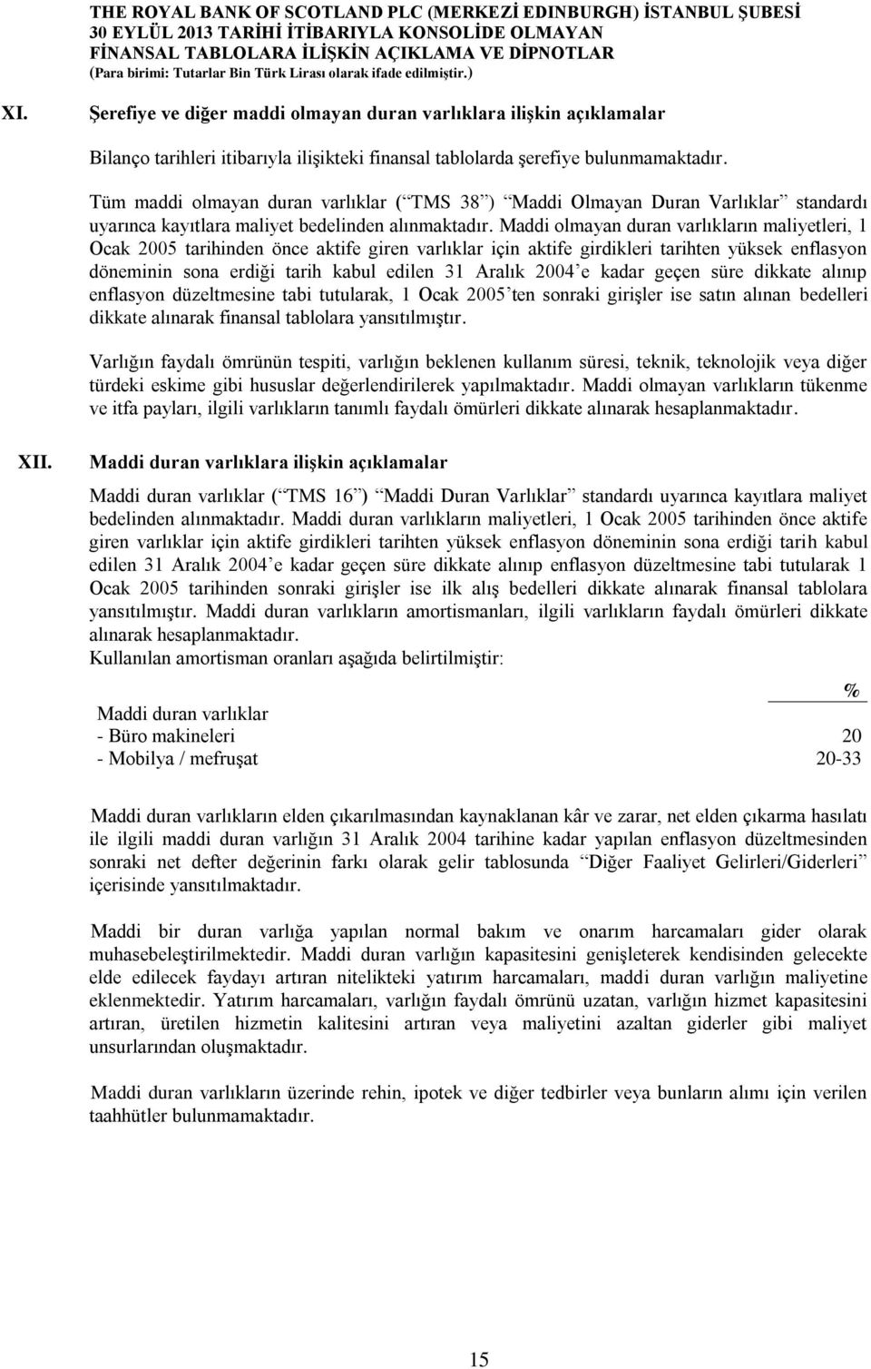 Maddi olmayan duran varlıkların maliyetleri, 1 Ocak 2005 tarihinden önce aktife giren varlıklar için aktife girdikleri tarihten yüksek enflasyon döneminin sona erdiği tarih kabul edilen 31 Aralık