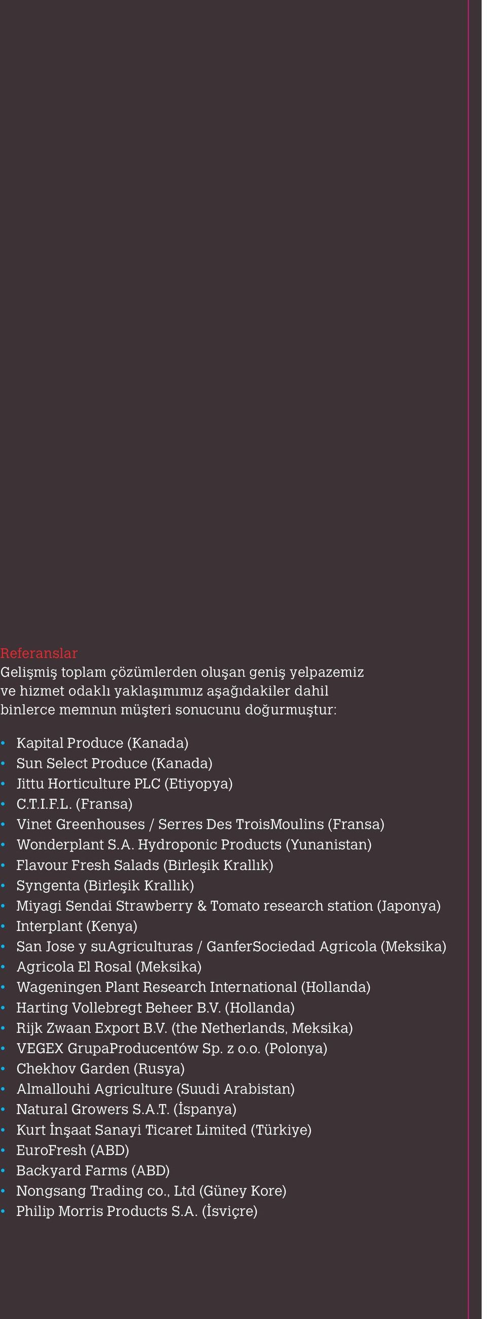 Hydroponic Products (Yunanistan) Flavour Fresh Salads (Birleşik Krallık) Syngenta (Birleşik Krallık) Miyagi Sendai Strawberry & Tomato research station (Japonya) Interplant (Kenya) San Jose y