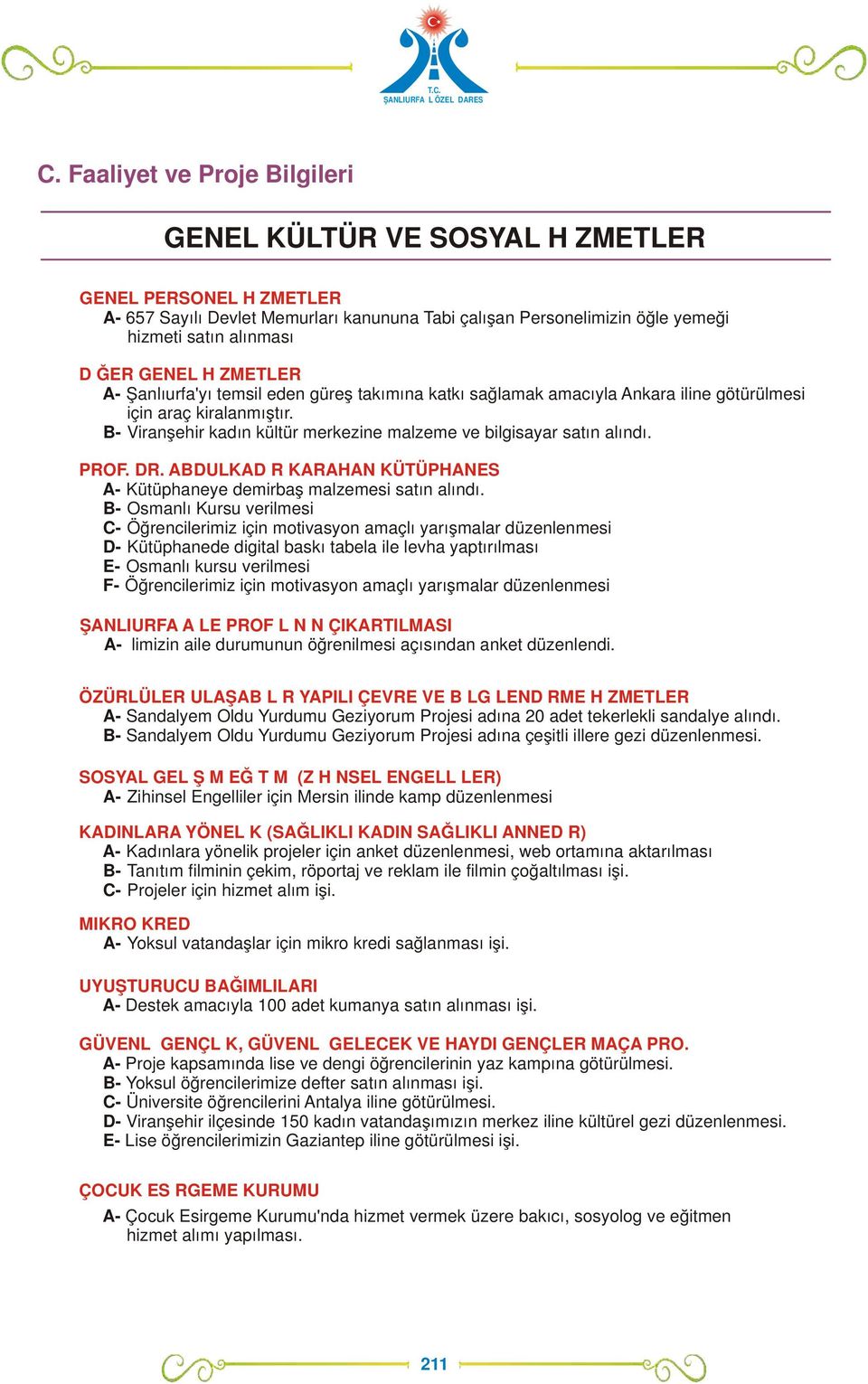 B- Viranşehir kadın kültür merkezine malzeme ve bilgisayar satın alındı. PROF. DR. ABDULKADİR KARAHAN KÜTÜPHANESİ A- Kütüphaneye demirbaş malzemesi satın alındı.