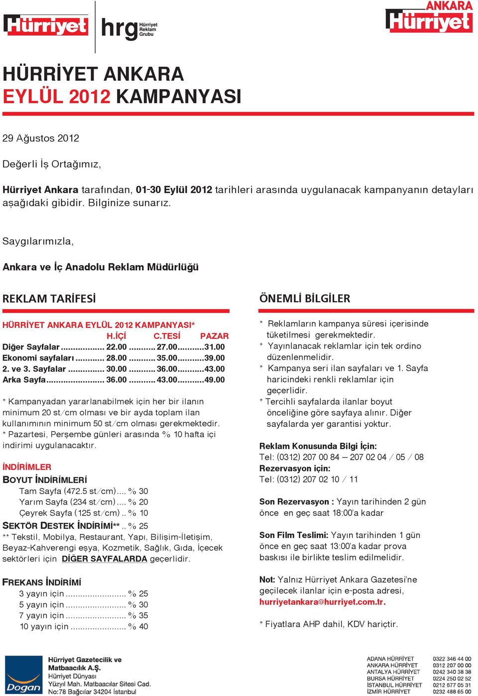 00 Ekonomi sayfaları... 28.00... 35.00...39.00 2. ve 3. Sayfalar... 30.00... 36.00...43.00 Arka Sayfa... 36.00... 43.00...49.