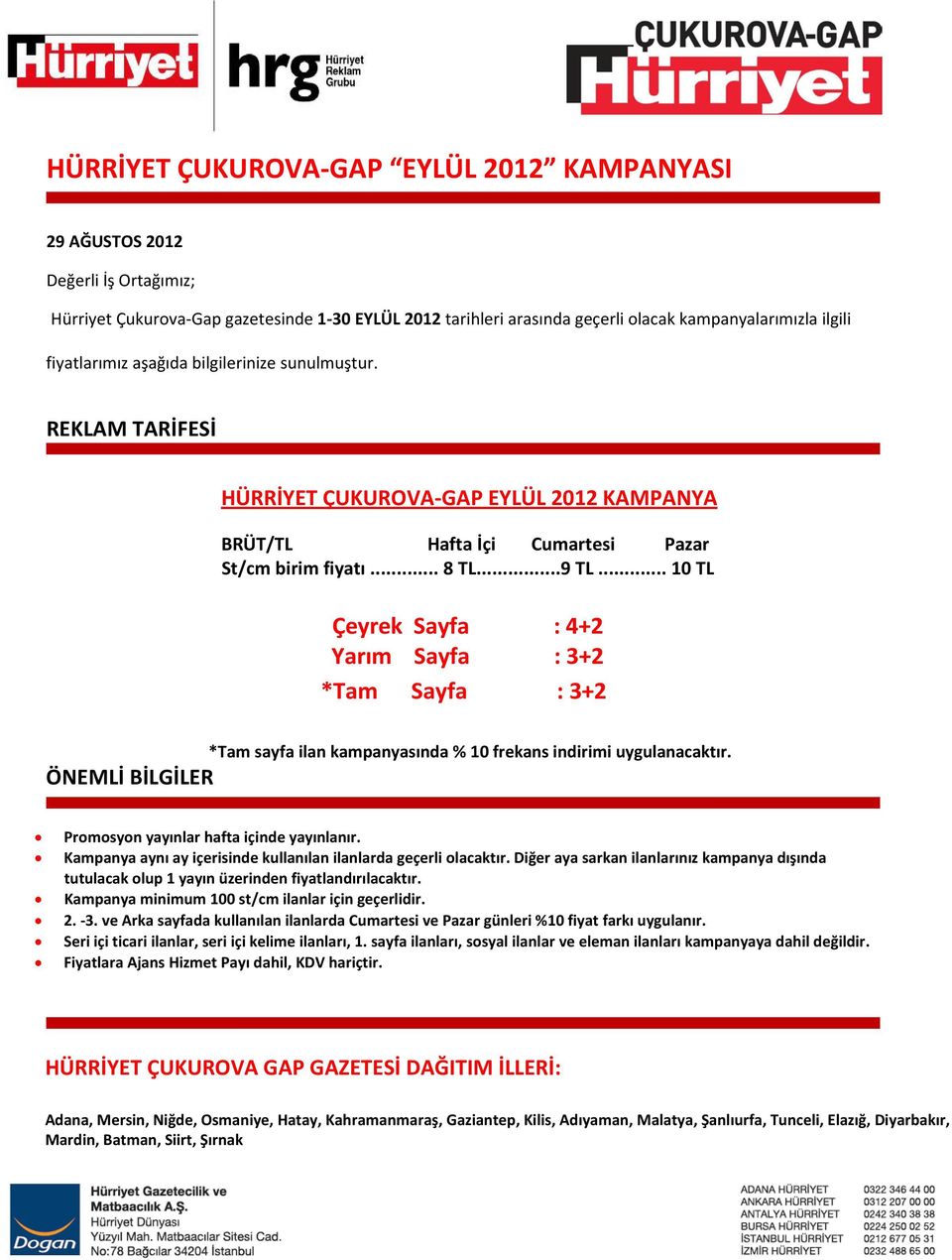 .. 10 TL Çeyrek Sayfa : 4+2 Yarım Sayfa : 3+2 *Tam Sayfa : 3+2 *Tam sayfa ilan kampanyasında % 10 frekans indirimi uygulanacaktır. ÖNEMLİ BİLGİLER Promosyon yayınlar hafta içinde yayınlanır.