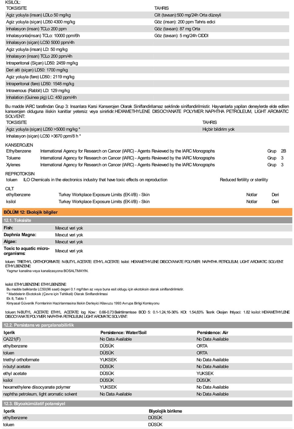 (fare) LD50: 1548 mg/kg Intravenous (Rabbit) LD: 129 mg/kg Inhalation (Guinea pig) LC: 450 ppm/4h TAHRIS Cilt (tavsan):500 mg/24h Orta düzeyli Göz (insan): 200 ppm Tahris edici Göz (tavsan): 87 mg