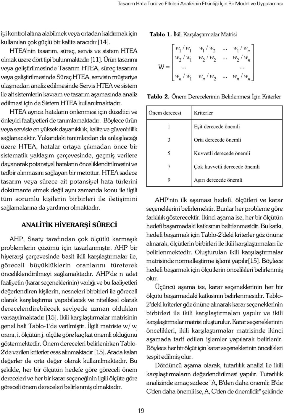 Ürün tasarýmý veya geliþtirilmesinde Tasarým HTEA, süreç tasarýmý veya geliþtirilmesinde Süreç HTEA, servisin müþteriye ulaþmadan analiz edilmesinde Servis HTEA ve sistem ile alt sistemlerin kavram