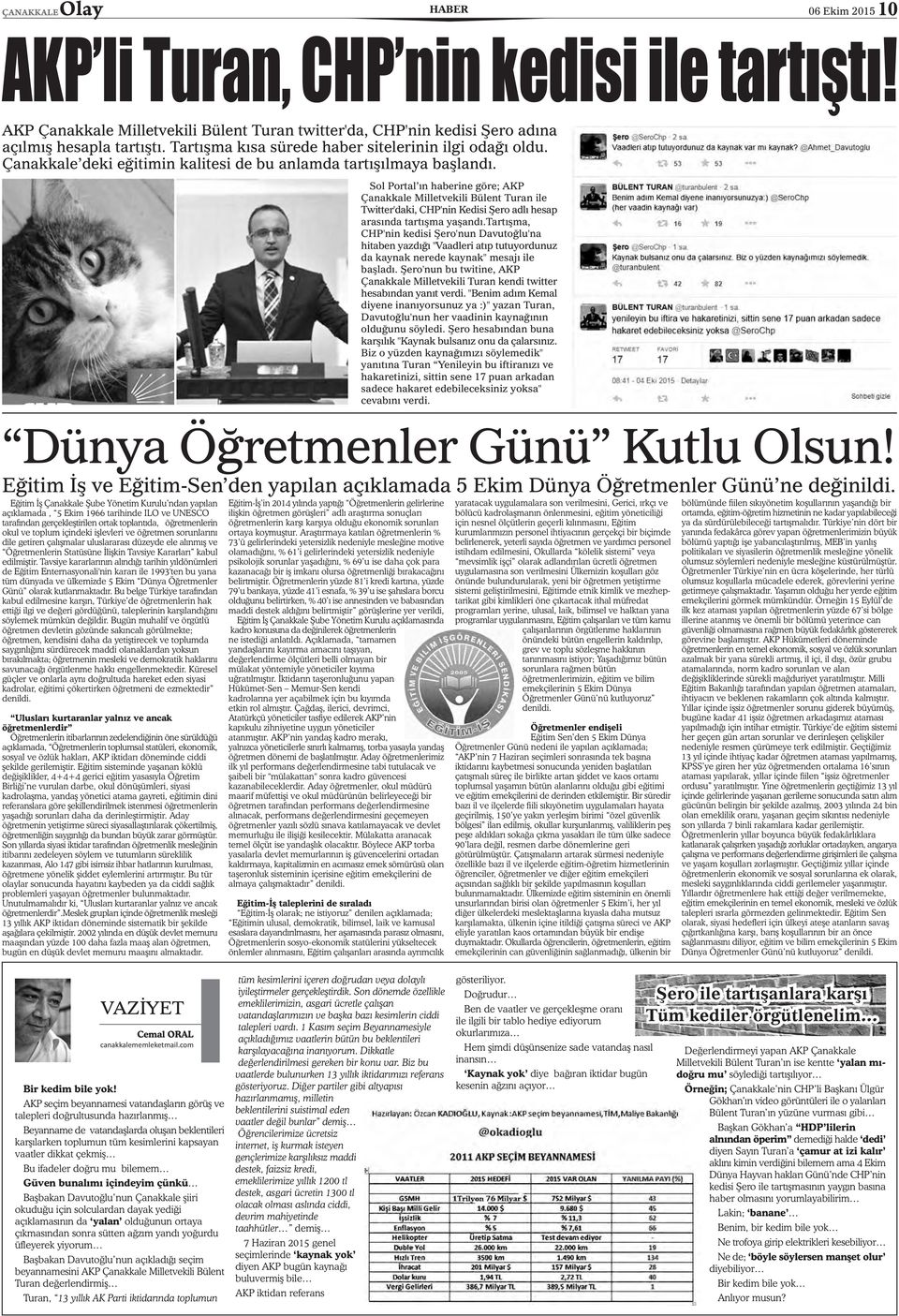 Sl Prtal ýn haberine göre; AKP Çanakkale Milletvekili Bülent Turan ile Twitter'daki, CHP'nin Kedisi Þer adlý hesap arasýnda tartýþma yaþandý.
