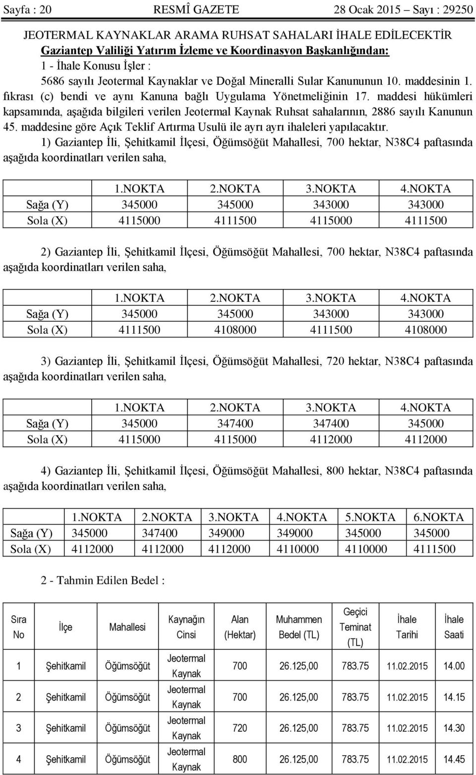 maddesi hükümleri kapsamında, aşağıda bilgileri verilen Jeotermal Kaynak Ruhsat sahalarının, 2886 sayılı Kanunun 45. maddesine göre Açık Teklif Artırma Usulü ile ayrı ayrı ihaleleri yapılacaktır.