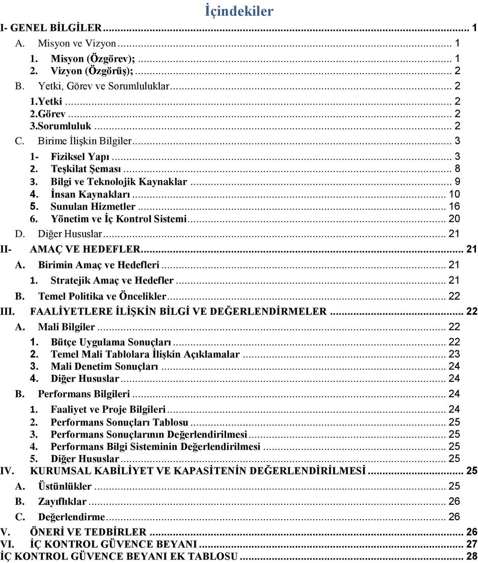 .. 20 D. Diğer Hususlar... 21 II- AMAÇ VE HEDEFLER... 21 A. Birimin Amaç ve Hedefleri... 21 1. Stratejik Amaç ve Hedefler... 21 B. Temel Politika ve Öncelikler... 22 III.