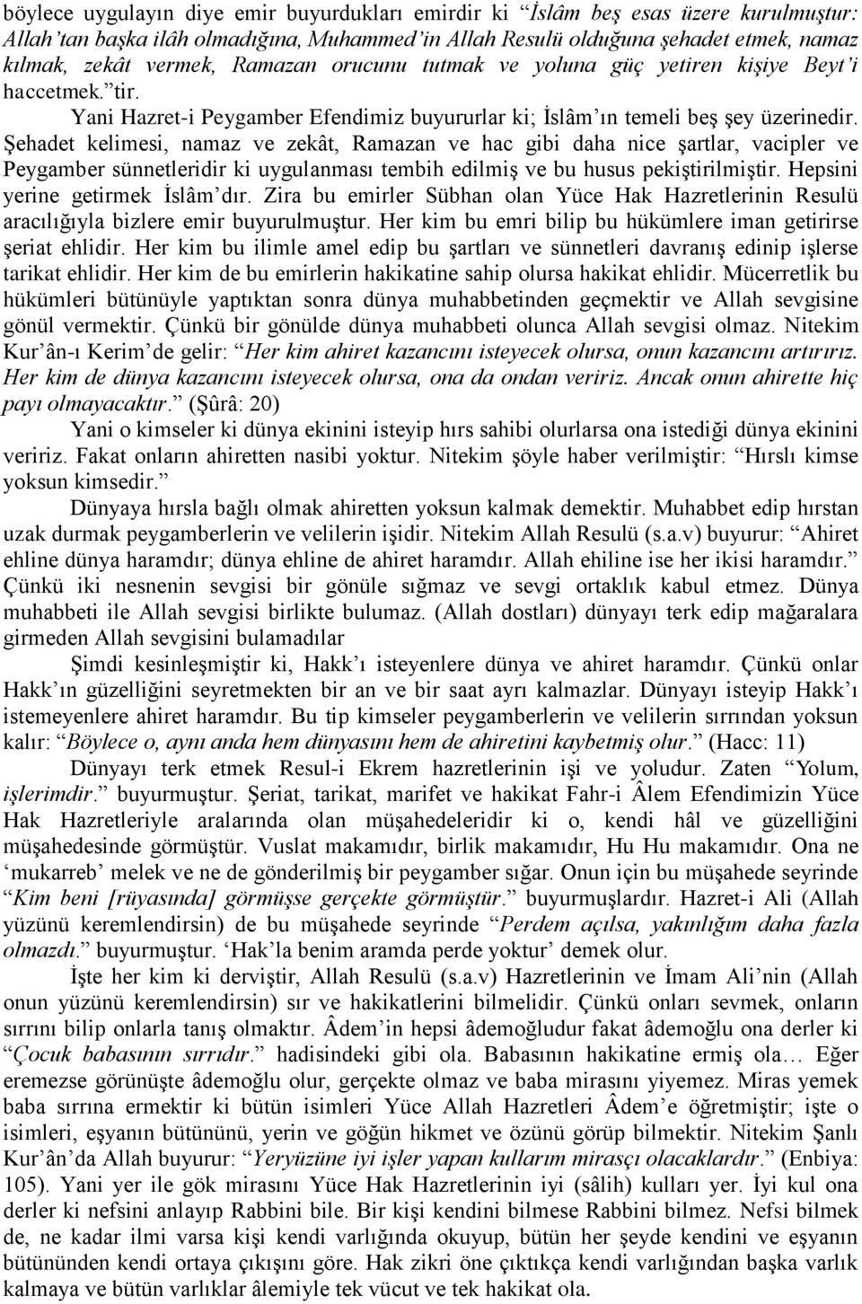 Şehadet kelimesi, namaz ve zekât, Ramazan ve hac gibi daha nice şartlar, vacipler ve Peygamber sünnetleridir ki uygulanması tembih edilmiş ve bu husus pekiştirilmiştir.