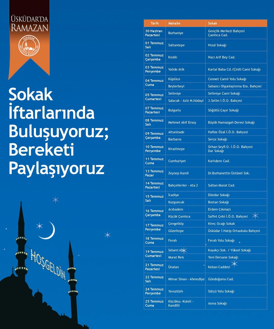 /Çinili Cami Sokağı Sokak İftarlarında Buluşuyoruz; Bereketi Paylaşıyoruz 04 Temmuz Cuma 05 Temmuz Cumartesi 07 Temmuz Pazartesi 08 Temmuz Salı 09 Temmuz Çarşamba 10 Temmuz Perşembe 11 Temmuz Cuma 13