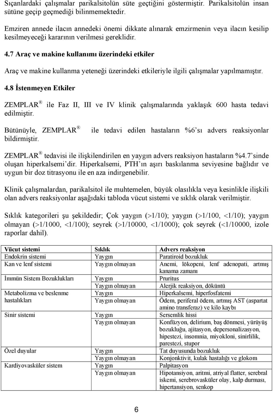 7 Araç ve makine kullanımı üzerindeki etkiler Araç ve makine kullanma yeteneği üzerindeki etkileriyle ilgili çalışmalar yapılmamıştır. 4.8 İstenmeyen Etkiler ZEMPLAR edilmiştir.