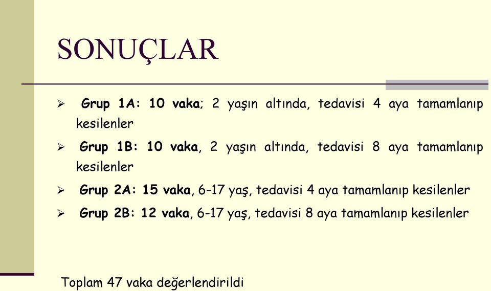 kesilenler Grup 2A: 15 vaka, 6-17 yaş, tedavisi 4 aya tamamlanıp kesilenler