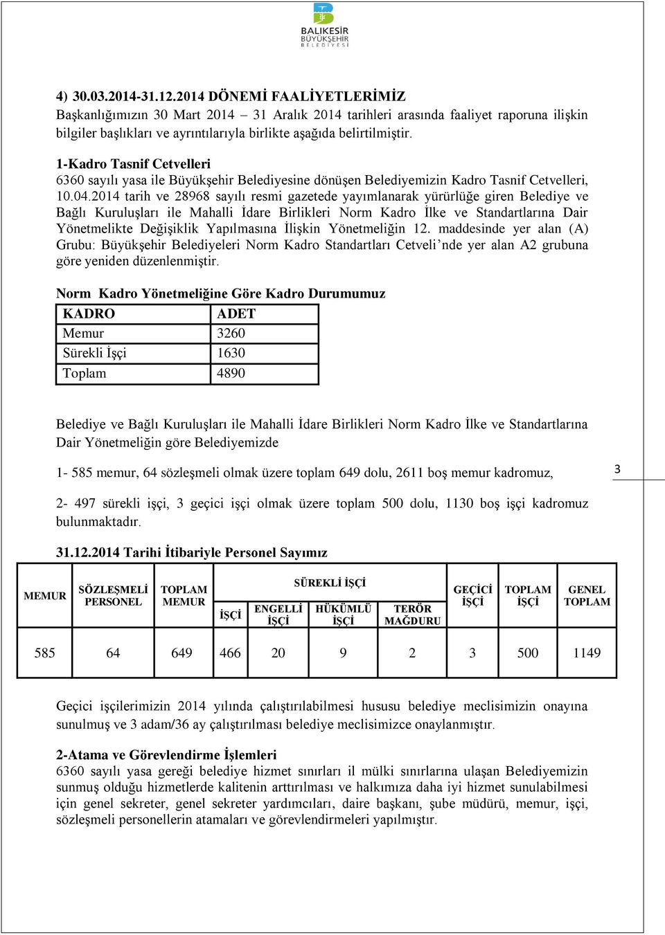 1-Kadro Tasnif Cetvelleri 6360 sayılı yasa ile Büyükşehir Belediyesine dönüşen Belediyemizin Kadro Tasnif Cetvelleri, 10.04.